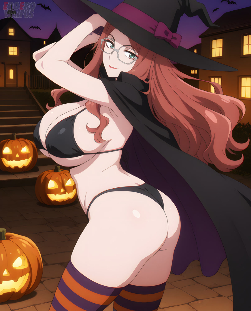 ai generated, bare thighs, big ass, big butt, bikini, breasts, cyan eyes, eroero waifus, fat ass, female, gigantic ass, gigantic breasts, glasses, halloween, huge breasts, huge thighs, light skin, light-skinned female, long hair, massive ass, massive breasts, mature female, milf, red hair, solo female, spy x family, squatting, stockings, sweat, sweatdrop, sylvia sherwood, thick body, thick female, thick thighs, thighs, voluptuous, voluptuous female, witch hat