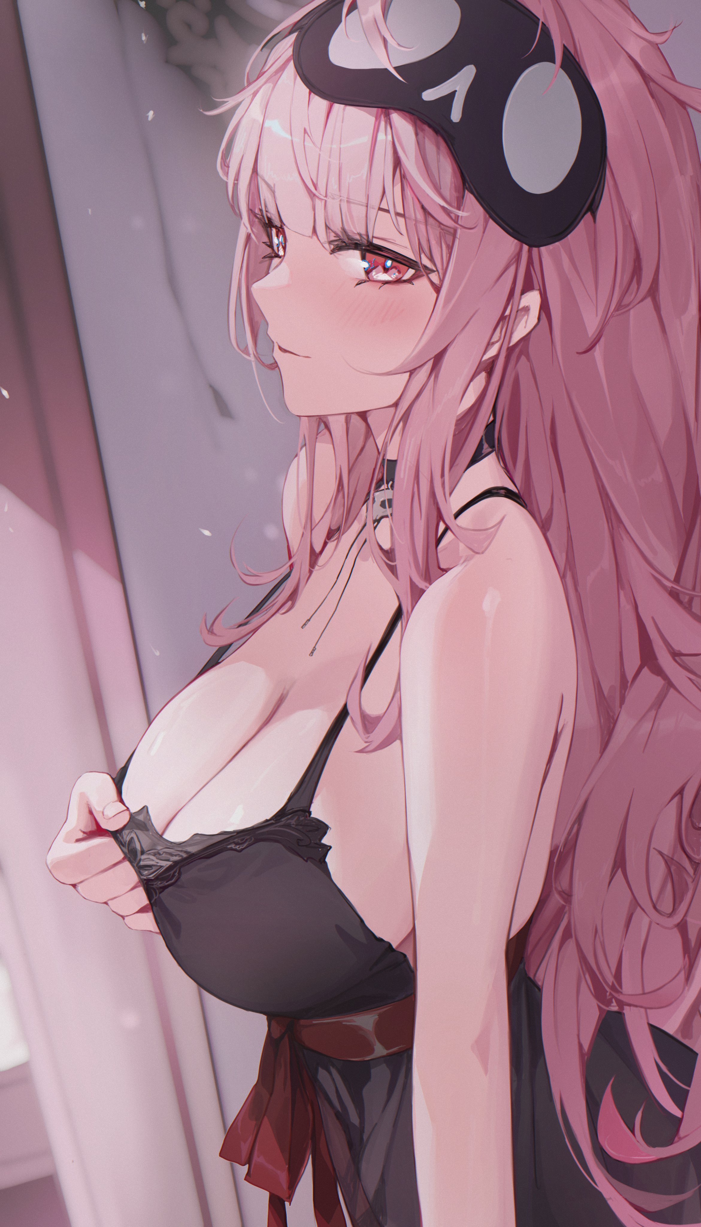 absurdres, bare shoulders, black choker, black mask, black nightgown, breasts, choker, cleavage, empire waist, female, hat, highres, hololive, hololive english, hololive myth, lace-trimmed nightgown, large breasts, mask, mask on head, mori calliope, mori calliope (sleepwear), nightcap, nightgown, official alternate costume, pink eyes, pink hair, sleepwear, solo, virtual youtuber, yoellim5