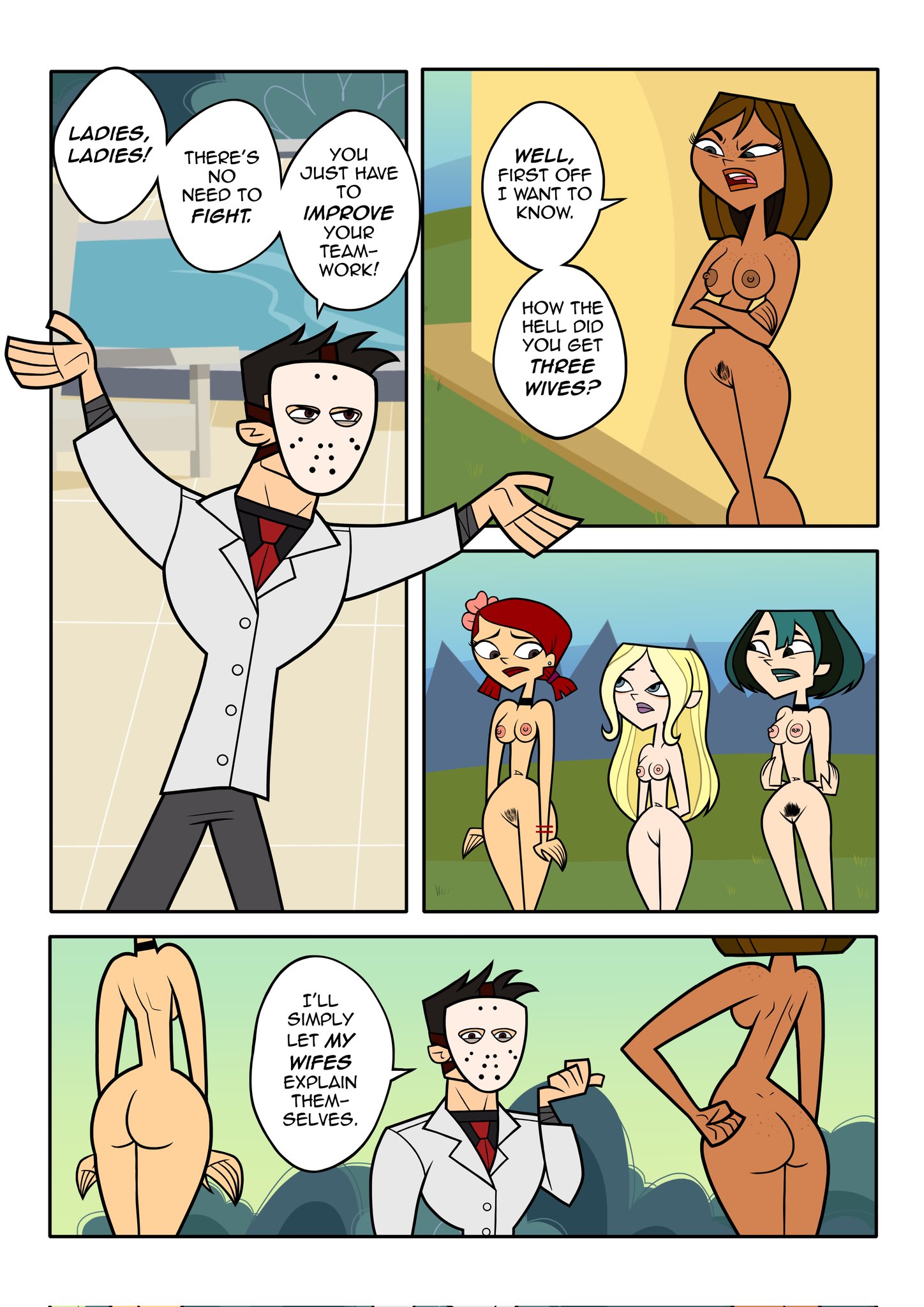 2d, 4girls, ass, bubble butt, busty, cartoon network, comic, courtney (tdi), dawn (tdi), environmental challenge (comic), female, female focus, female pubic hair, gwen (tdi), hairy pussy, hourglass figure, male, nude, nude female, nudity, riccardus97, speech bubble, total drama (series), total drama island, total drama: revenge of the island, unseen male face, wide hips, zoey (tdi)