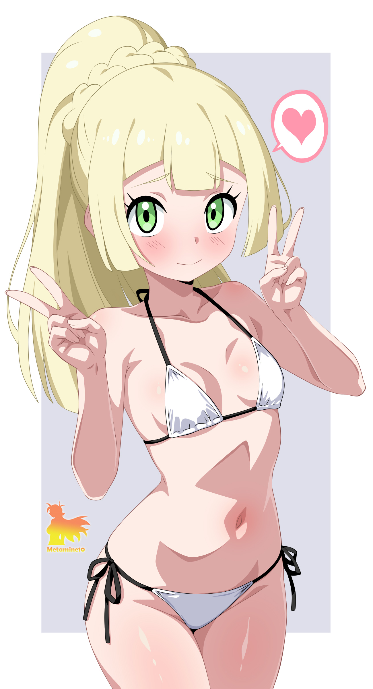 absurdres, bikini, blonde hair, breasts, closed mouth, collarbone, cowboy shot, curvy, double v, female, green eyes, heart, high ponytail, highres, lillie (pokemon), looking at viewer, metamine10, metaminegl, micro bikini, navel, nintendo, pokemon, pokemon sm, ponytail, shiny skin, side-tie bikini bottom, small breasts, solo, spoken heart, stomach, swimsuit, thong, thong bikini, v, white bikini, wide hips