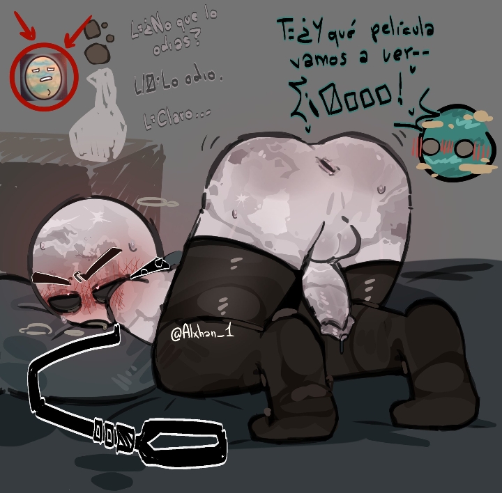 1:1, 2boys, anus, artist name, ass, asshole focus, balls, blush, blush lines, blushing, blushlines, collar, dark eyes, denial, dialogue, dog collar, exposed ass, exposed penis, gay, gay male, grey body, hanaku 1allover, homosexual, homosexual male, in bed, in bedroom, luna (solarballs), male, male only, male/male, moon (solarballs), on bed, penis, penis out, pillow, planet, presenting, presenting ass, presenting hindquarters, small penis, solarballs, spanish, spanish dialogue, spanish text, sweat, text, thighhighs, thighs, tied up, titan (solarballs), yaoi