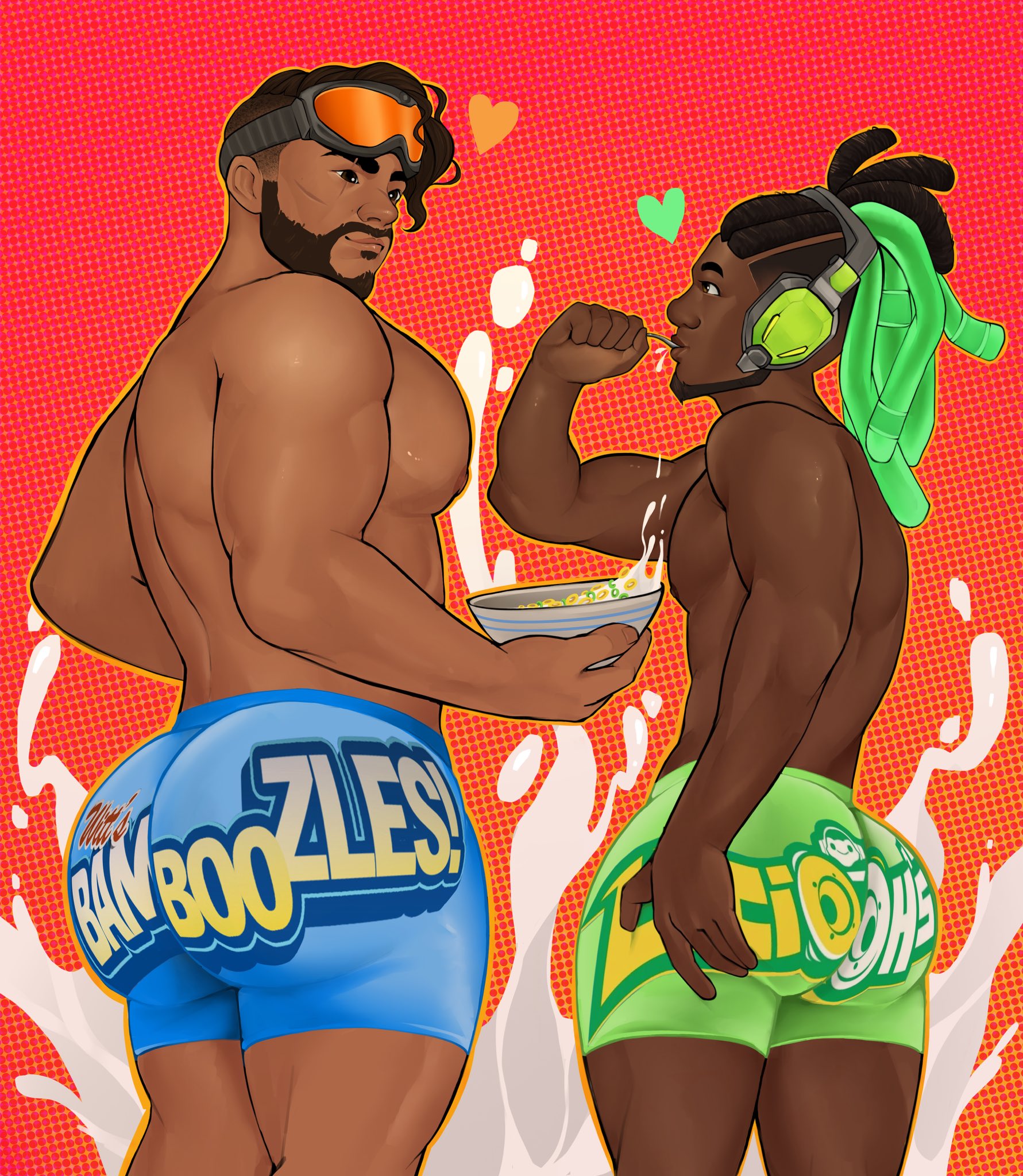 2boys, apex legends, ass, bara, bara ass, big ass, big ass (male), big butt, booty shorts, cardboardbaux, cereal, crossover, eating, gay, heart, lucio (overwatch), male, male focus, male only, mirage (apex legends), muscular, muscular male, overwatch, spoon, spoon in mouth, take your pick, topless, underwear, video game character, video games, yaoi