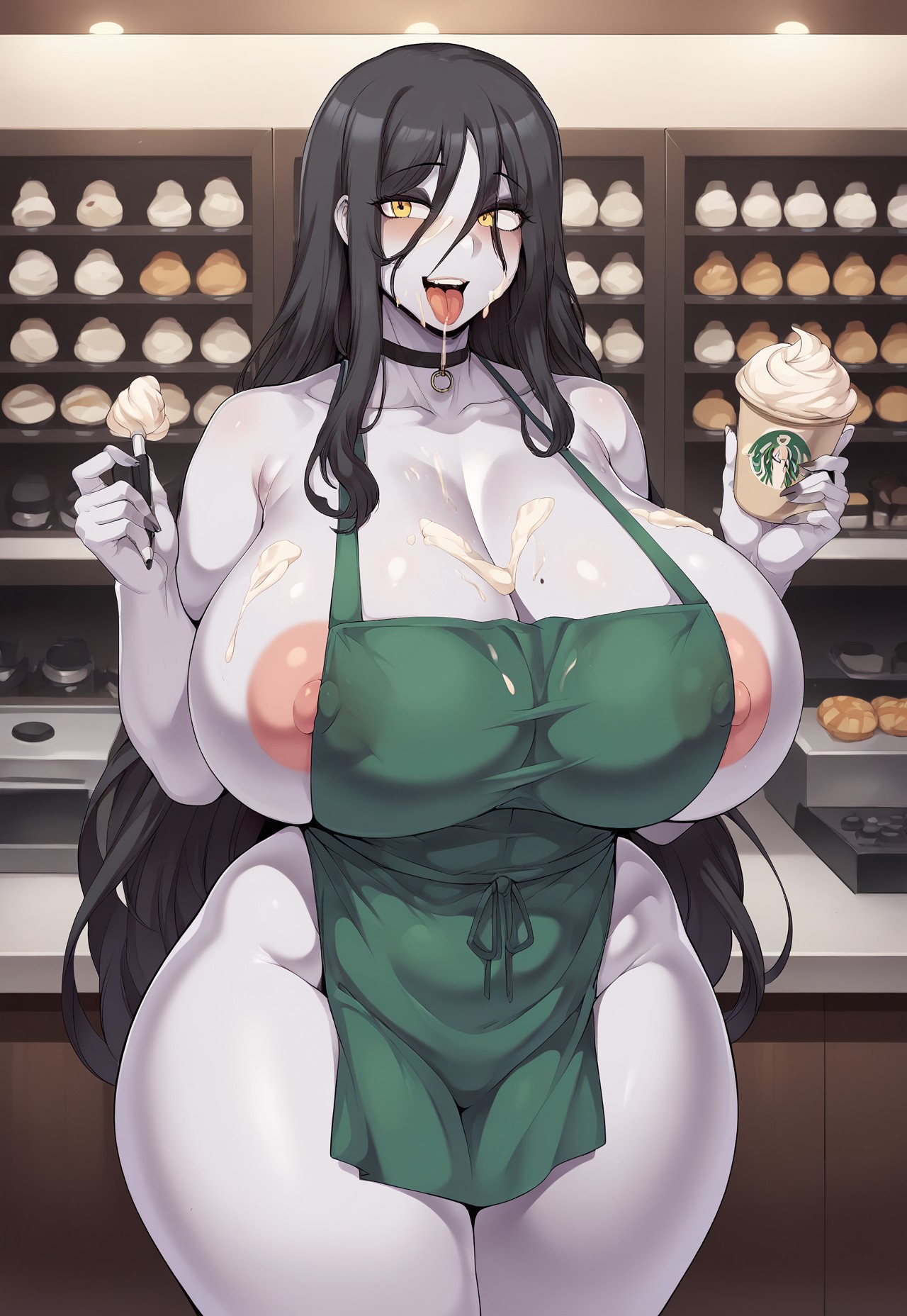 1girls, ai generated, ai hands, apron, apron between breasts, apron only, ass, black hair, breasts, bubble ass, bubble butt, female, green apron, grey skin, horny, horny female, huge ass, huge breasts, kinaart69, long hair, massive ass, massive butt, muscular, sadako yamamura, starbucks, starbucks barista, the ring, thick ass, thick thighs, venus body, very long hair, yamamura sadako, yellow eyes