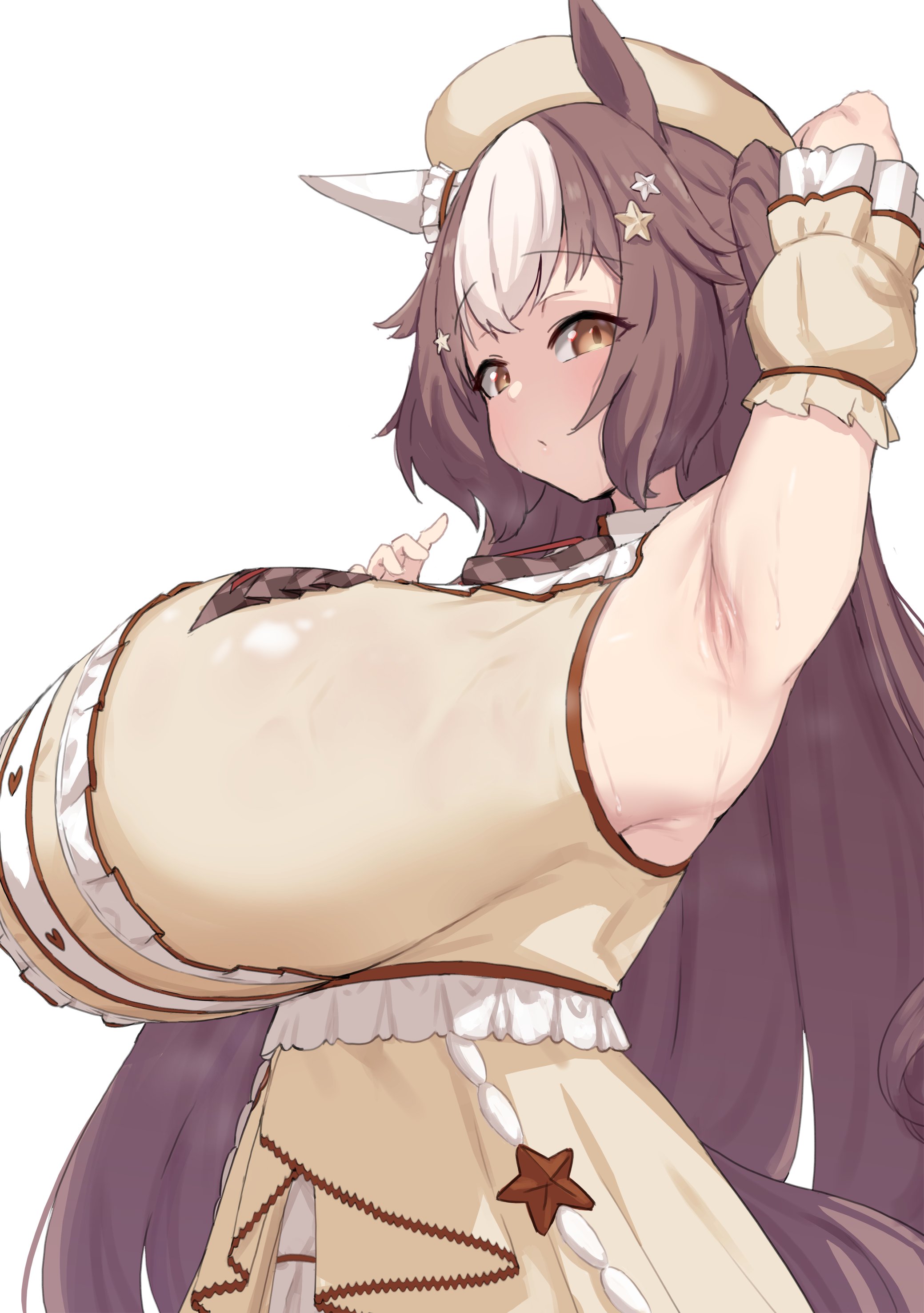 absurdres, animal ears, arm behind head, armband, armpit crease, armpits, beret, breasts, brown eyes, brown hair, dress, ear covers, female, frilled armband, frilled dress, frills, from side, gigantic breasts, hair ornament, hat, highres, horse ears, horse girl, horse tail, lips, long hair, multicolored hair, noe (ppppriver), one side up, single ear cover, sleeveless, sleeveless dress, solo, standing, star (symbol), star hair ornament, sweat, tail, two-tone hair, umamusume, white background, white hair, yamanin zephyr (sugary wind) (umamusume), yamanin zephyr (umamusume), yellow dress, yellow hat