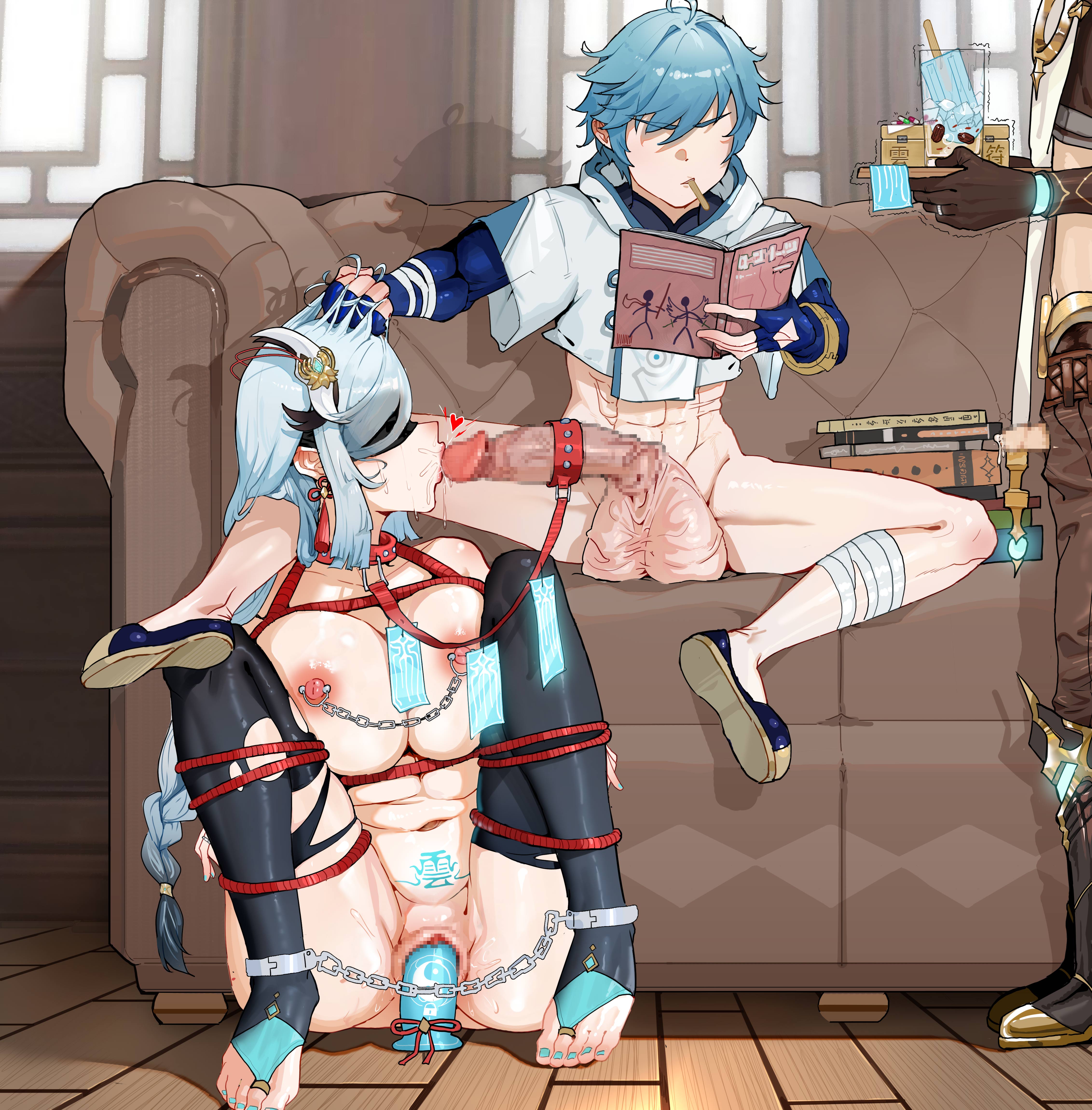 1girls, 2boys, aether (genshin impact), aunt and nephew, bdsm, blindfold, blindfolded, casual, chongyun (genshin impact), cuckold, dildo, eather, fellatio, female, femsub, genshin impact, hoyoverse, hvvt, incest, leash, leash and collar, male, maledom, mihoyo, netorare, ntr, penis, penis size difference, shenhe (genshin impact)