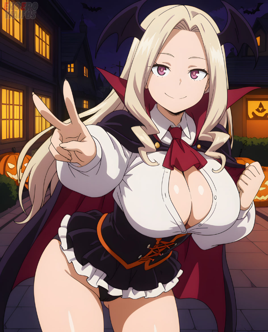 ai generated, bare thighs, blonde hair, boku no hero academia, breasts, eroero waifus, female, gigantic breasts, halloween, huge breasts, huge thighs, light skin, light-skinned female, long hair, looking at viewer, massive breasts, mature female, milf, mount lady, my hero academia, pink eyes, smiling, solo female, squatting, sweat, sweatdrop, thick body, thick female, thick thighs, thighs, vampire, vampire girl, voluptuous, voluptuous female, yuu takeyama