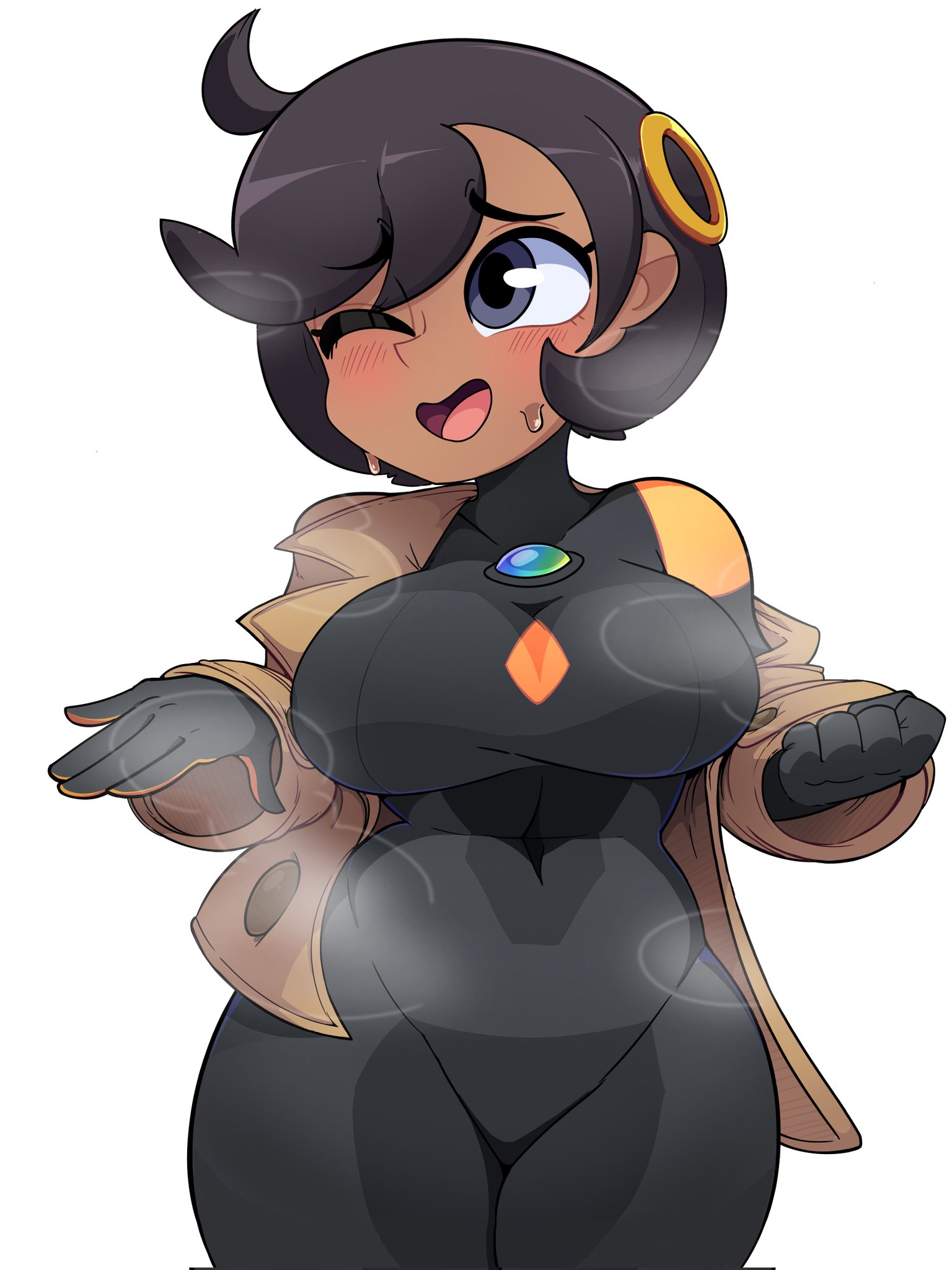 1girls, ahoge, big breasts, black bodysuit, black hair, blue eyes, blush, bodysuit, breasts, brown jacket, dark skin, dark-skinned female, drawmatt, emma (pokemon legends: z-a), emma (pokemon), female, female only, gloves, human, human only, jacket, jpeg, large breasts, looking at viewer, matiere (pokemon legends: z-a), matiere (pokemon), nintendo, one eye closed, pokemon, pokemon legends: z-a, purple eyes, short hair, smile, solo, steam, steaming body, sweat, sweating profusely, thick thighs, tight clothing, tomboyish