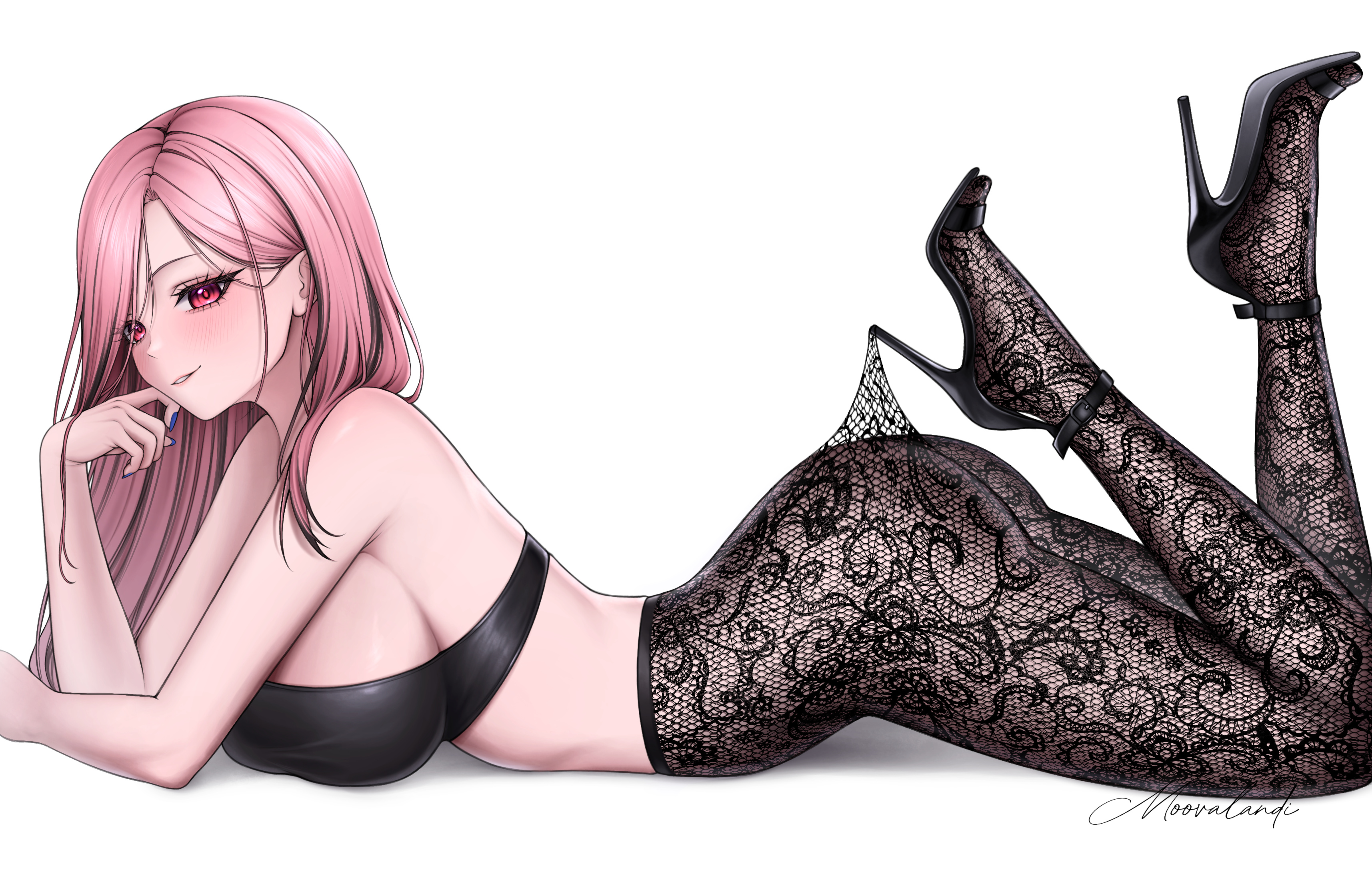 absurdres, ass, bare shoulders, black bra, black hair, black pantyhose, black shoes, blush, bra, breasts, clothes pull, commentary, english commentary, eyelashes, female, fingernails, floral print pantyhose, high heels, highres, hololive, hololive english, hololive myth, lace pantyhose hooked on heel (meme), large breasts, legs up, long hair, looking at viewer, lying, meme, moovalandi, mori calliope, multicolored hair, nail polish, on stomach, pantyhose, pantyhose pull, pink eyes, pink hair, pink lips, pulling own clothes, purple nails, shoes, signature, simple background, smile, solo, streaked hair, thighs, two-tone hair, underwear, virtual youtuber, white background