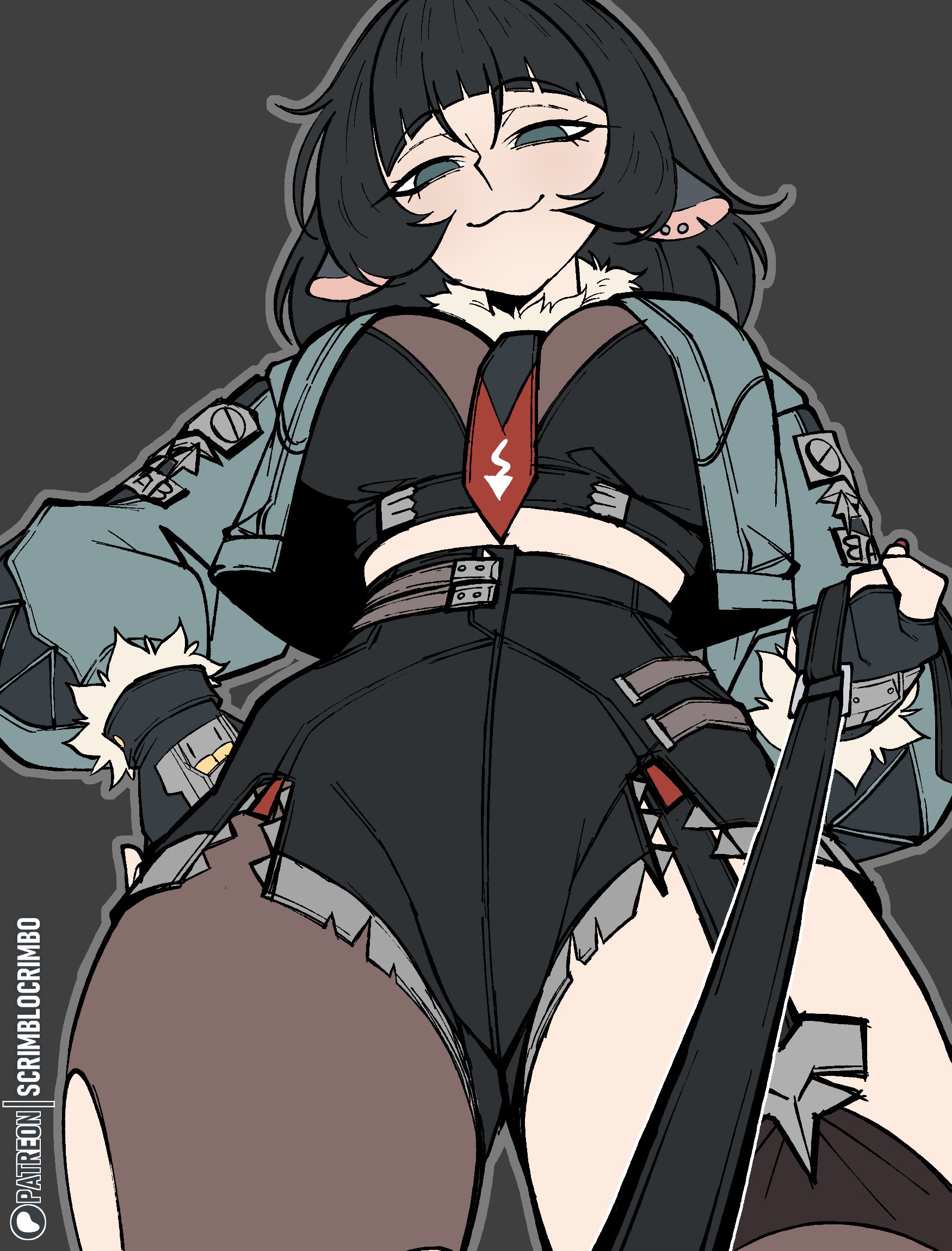 animal ears, breasts, female, femdom, from below, hand on own hip, highres, jane doe (zenless zone zero), large breasts, leash, leashed pov, looking at viewer, looking down, mouse girl, pantyhose, pov, scrimblocrimbo, smug, submissive pov, thick thighs, thighs, viewer on leash, zenless zone zero