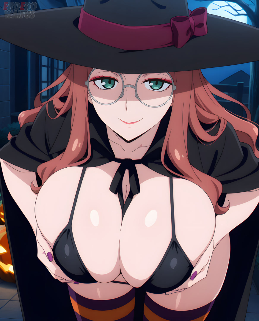 ai generated, bare thighs, bikini, breast grab, breasts, breasts squeeze, cyan eyes, eroero waifus, female, gigantic breasts, glasses, halloween, huge breasts, huge thighs, light skin, light-skinned female, long hair, looking at viewer, massive breasts, mature female, milf, red hair, smiling, solo female, spy x family, squatting, stockings, sweat, sweatdrop, sylvia sherwood, thick body, thick female, thick thighs, thighs, voluptuous, voluptuous female, witch hat