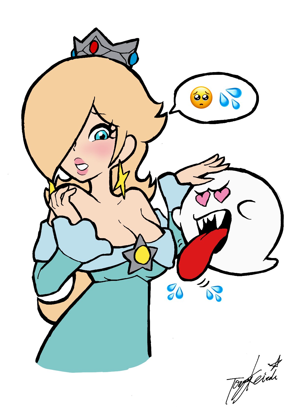 1girls, accurate art style, aqua dress, aqua eyes, blonde hair, blue dress, boo (mario), breasts, brooch, cleavage, crown, dress, earrings, female, ghost, hair over one eye, heart, heart eyes, highres, jewelry, long hair, long sleeves, mario (series), medium breasts, nintendo, off shoulder, off-shoulder dress, one eye covered, princess rosalina, purple nails, rosalina, solo, star (symbol), star brooch, star earrings, style parody, super mario galaxy, toggy keiichi, tongue, tongue out, yamino ekakinin