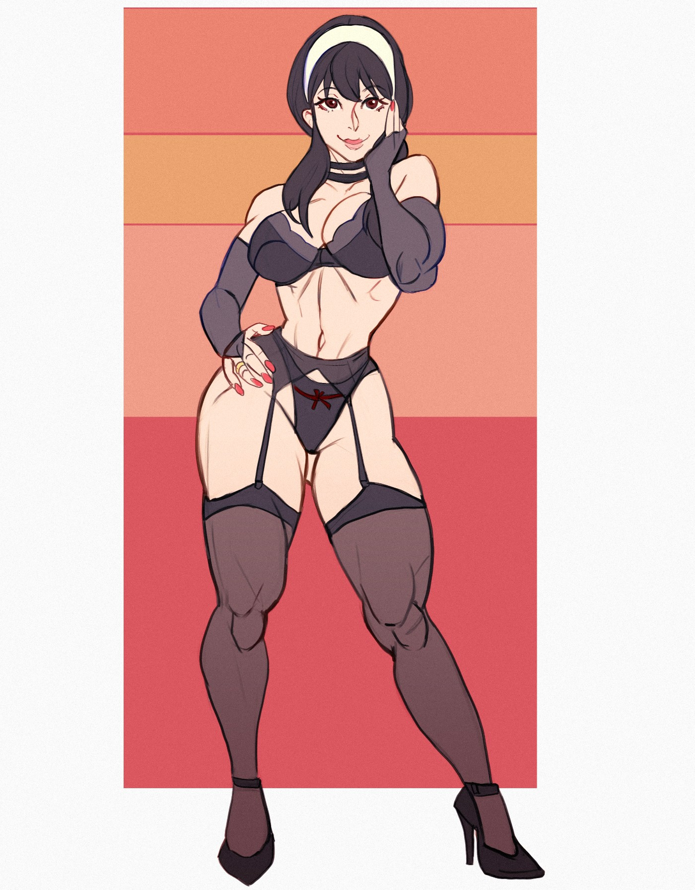 1girls, bra, choker, detached sleeves, dlusional, female, female only, garter belt, garter straps, hairband, high heels, lingerie, lipstick, milf, red nails, solo, spy x family, thighhighs, thong, yor briar, yor forger