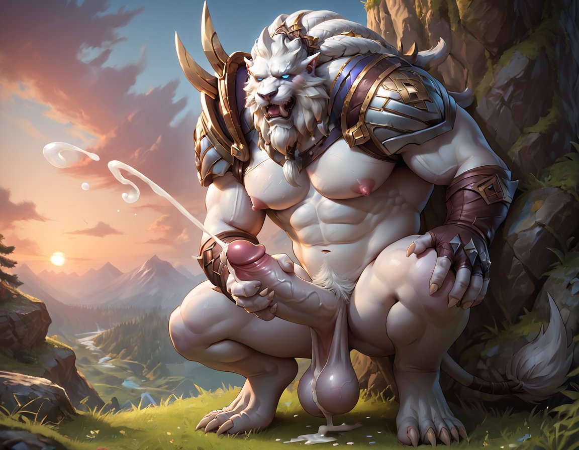 1boy ai_generated big_balls big_muscles big_nipples big_pecs big_penis booster_rex completely_nude completely_nude_male cum cumming daddy ejaculation erect_nipples erection furry furry_male gay huge_balls huge_cock huge_muscles huge_nipples huge_pecs league_of_legends male male_only masturbation muscular muscular_anthro muscular_male navel open_mouth rengar solo white_body white_fur