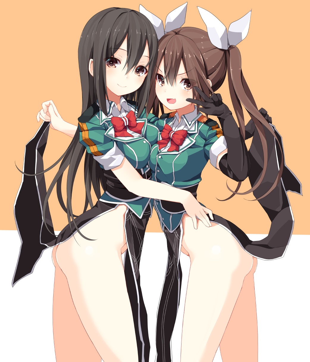 2girls ass black_gloves black_hair blush bottomless bowtie breasts brown_eyes brown_hair chikuma_(kantai_collection) cute_fang dress dress_lift elbow_gloves gloves hair_ribbon highres kantai_collection long_hair looking_at_viewer medium_breasts multiple_girls ogadenmon open_mouth ribbon simple_background single_glove smile tied_hair tone_(kantai_collection) twintails v