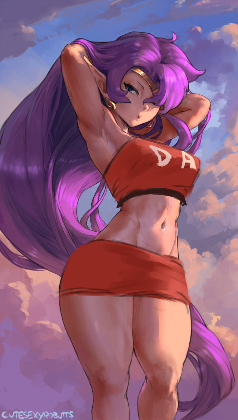 1girls blue_eyes breasts clouds crop_top cutesexyrobutts earrings hair_over_one_eye hoop_earrings large_breasts long_hair looking_at_viewer midriff miniskirt navel outside purple_hair red_crop_top red_miniskirt shantae shantae_(character) skirt sky tiara