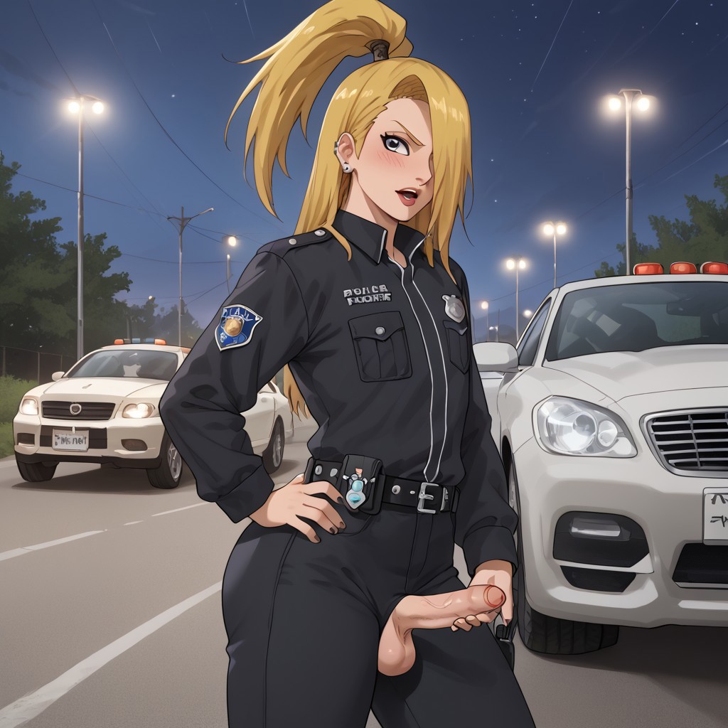 1boy ai_generated balls belly blonde_hair blue_eyes blush deidara femboy male nails_painted naruto naruto_(series) naruto_shippuden nipples police police_uniform sissy small_penis smaller_male street text tongue_out twintails yaoi