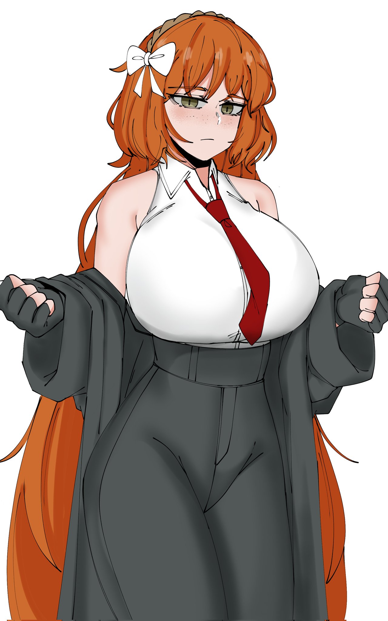 bakwanjagung blush breasts busty clothing fingerless_gloves freckles hair_ribbon hairband huge_breasts ishmael_(limbus_company) jacket large_breasts limbus_company long_hair looking_at_viewer neutral_expression off_shoulder orange_hair pants project_moon simple_background sleeveless sleeveless_shirt tie very_long_hair white_background yellow_eyes