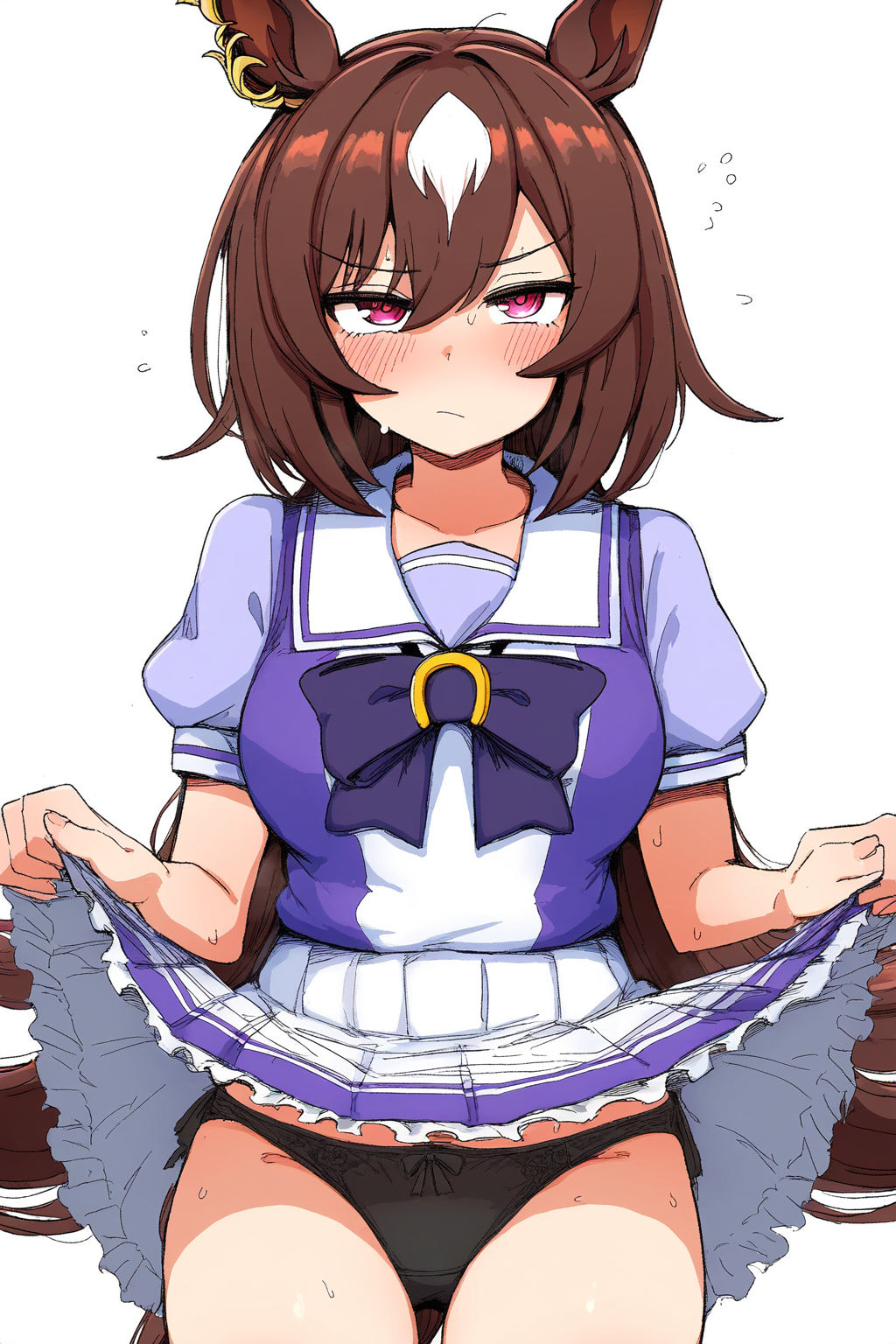 ai_generated animal_ears brown_hair female horse_girl long_hair markings markings_on_head red_eyes sirius_symboli_(umamusume) skirt_lift umamusume umamusume_pretty_derby