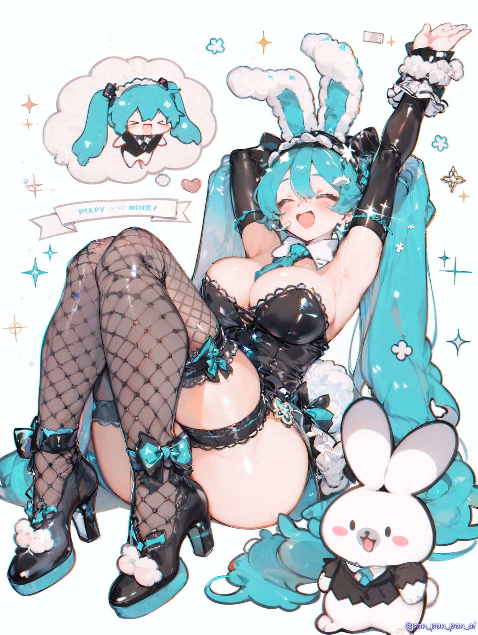 1girl, 1girls, ai generated, animal ears, aqua hair, aqua necktie, armpits, arms up, big breasts, black footwear, black leotard, black sleeves, blue hair, blue necktie, blush, bow, breasts, bunny ears, bunny girl, bunny tail, bunnysuit, chibi, cleavage, closed eyes, detached collar, detached sleeves, fake animal ears, female, fishnet thighhighs, fishnets, frills, full body, green hair, hatsune miku, high heels, huge breasts, huge thighs, imagining, knees up, large breasts, leotard, long hair, necktie, open mouth, playboy bunny, rabbit, rabbit ears, rabbit tail, ribbon, simple background, sitting, smile, sparkle, strapless, tail, thighhighs, thighs, thought bubble, twintails, very long hair, vocaloid, white background, wincing, wrist cuffs