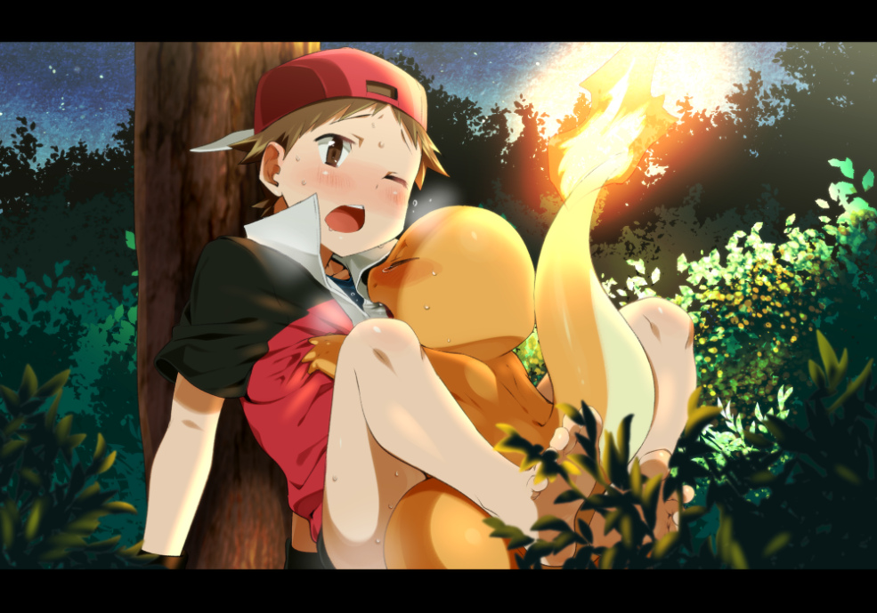 agemono anal anal_sex backwards_baseball_cap bottomless brown_eyes charmander duo forest gay hat human interspecies leg_lock male male/male male_only male_pokemon/male_human mammal night nintendo open_mouth outdoors outside penetration pokémon_(species) pokemon pokemon_(species) pokephilia red_(pokemon) size_difference stars sweat tree video_games wince yaoi