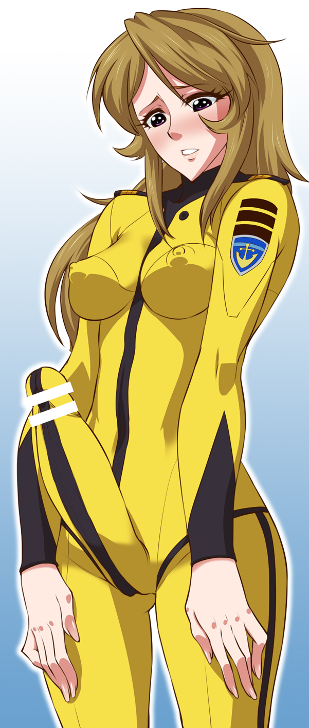 1futa 2010s bodysuit breasts brown_hair bulge cameltail censored futanari hair human intersex light-skinned_futanari light_skin long_hair space_battleship_yamato space_battleship_yamato_2199 yuki_mori