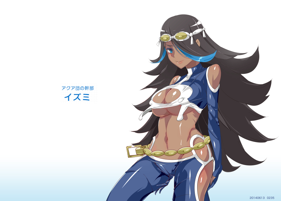 bare_shoulders belt black_hair blue_eyes breasts cleavage_cutout clothed clothed_female dark-skinned_female dark_skin female female_only fully_clothed goggles human human_only large_breasts long_hair nintendo nipples nyuu_(manekin-eko) pokemon pokemon_rse revealing_clothes sexually_suggestive shelly_(pokemon) shelly_(pokemon_oras) silvina_(pokémon) solo team_aqua tight_clothing two_tone_hair