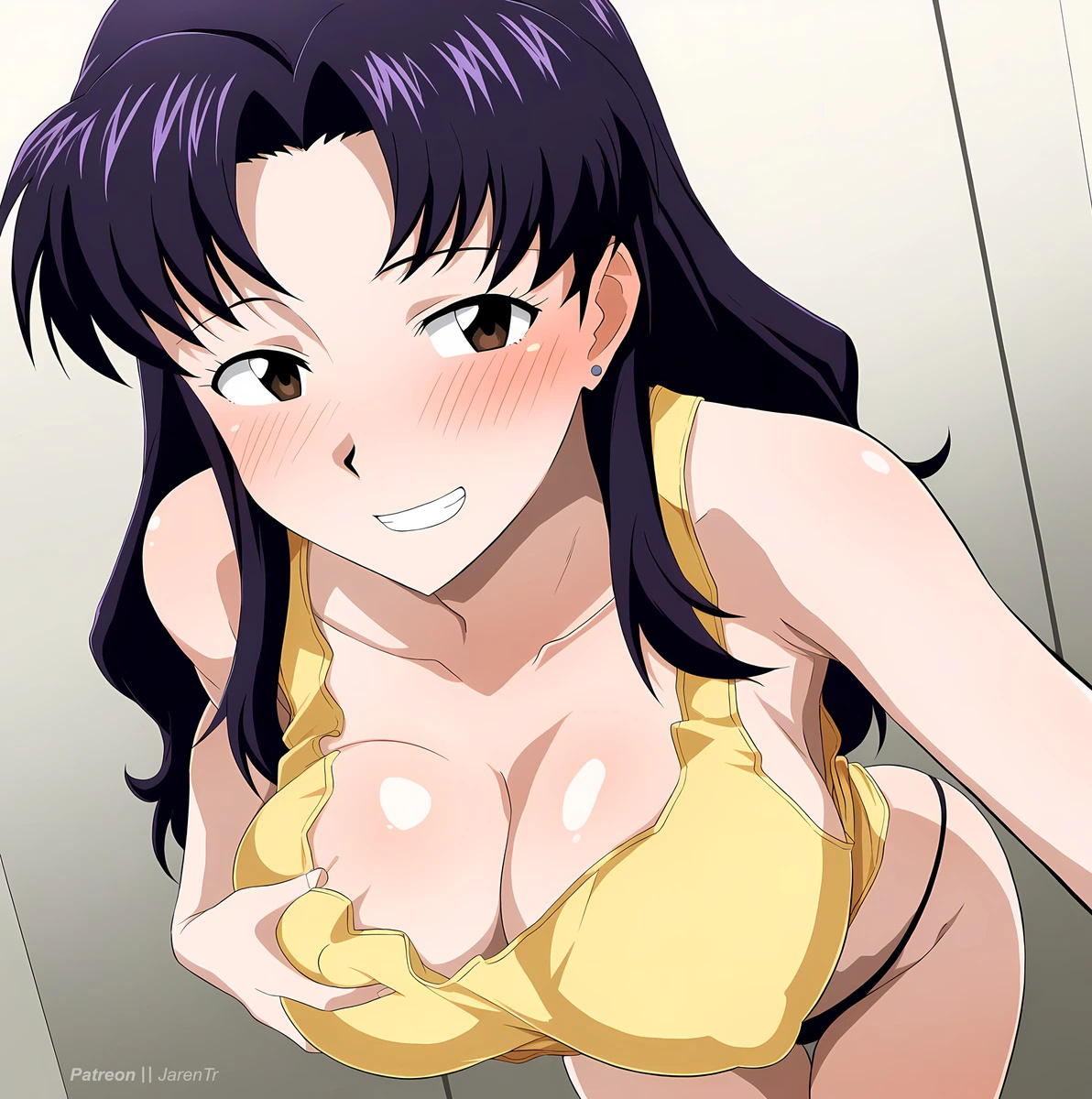ai generated, bare legs, blush, breast grab, breasts, brown eyes, erect nipples, female, gigantic breasts, huge breasts, huge thighs, jarentr, light skin, light-skinned female, long hair, looking at viewer, massive breasts, misato katsuragi, neon genesis evangelion, nipples, nipples visible through clothing, panties, purple hair, smiling, solo female, squatting, sweat, sweatdrop, tank top, thick body, thick female, thick thighs, thighs, voluptuous, voluptuous female