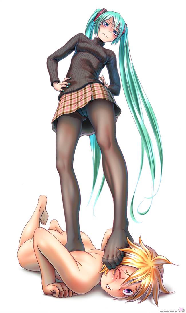 1boy, 1girl, aqua hair, barefoot, blonde hair, blush, breasts, clothed female nude male, crotch seam, feet, female, femdom, foot, foot fetish, from below, full body, hands on hips, hatsune miku, hetero, kagamine len, legwear, long hair, lying, nail polish, no shoes, nude, on stomach, one eye closed, panties, panties under pantyhose, pants, pantyhose, pantyshot, purple eyes, ribbed sweater, simple background, skirt, smile, standing, stepped on, sweater, thighband pantyhose, tights, toenail polish, toenails, toes, twintails, underwear, upskirt, very long hair, vocaloid, white background