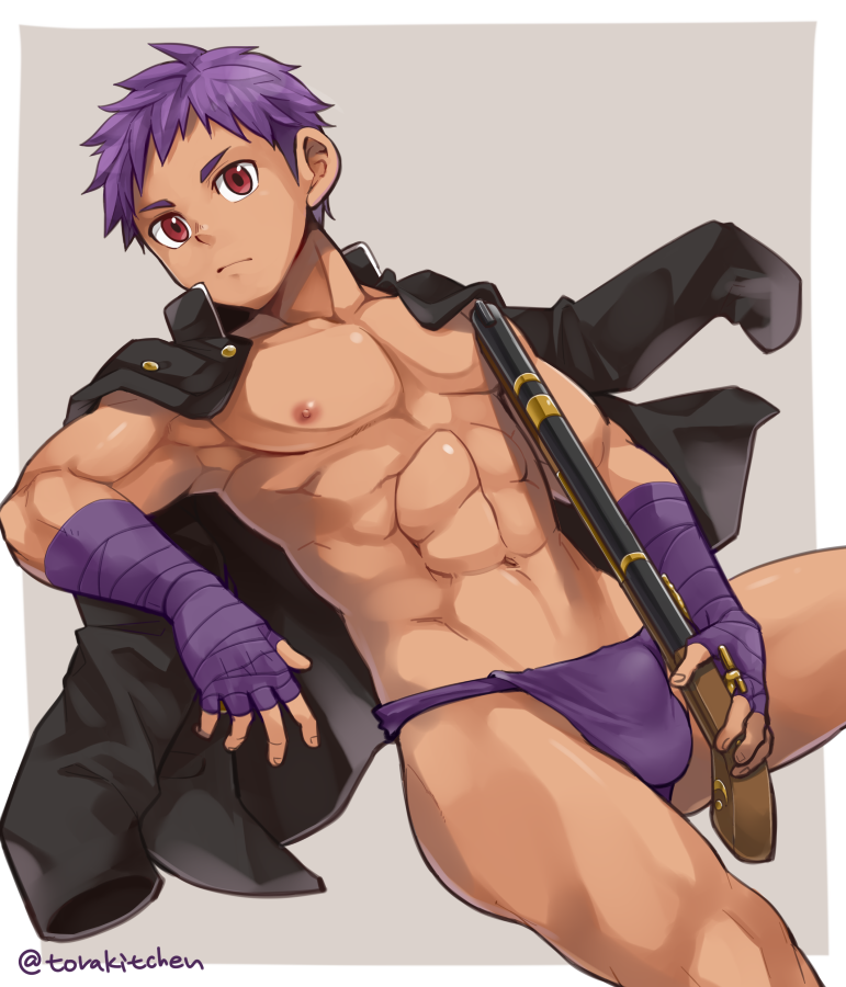 1boy abs armpits ass_visible_through_thighs balls_under_clothes bandage bandaged_arm bandaged_hand big_areola bulge bulge_through_clothing collarbone ebitendon erect_nipples flintlock fundoshi gakuran genital_outline holding_object holding_weapon kouji_kagoshima kyushu_sentai_danjija leaning_back looking_at_viewer male male_only mature_male muscles muscular muscular_arms muscular_male navel neutral_expression no_body_hair on_shoulders open_clothes pecs purple_fundoshi purple_hair red_eyes rokushaku_fundoshi short_hair simple_background sitting six_pack solo spread_legs taped_arms taped_hands thick_thighs topless torakichi_(ebitendon) torakitchen white_border young