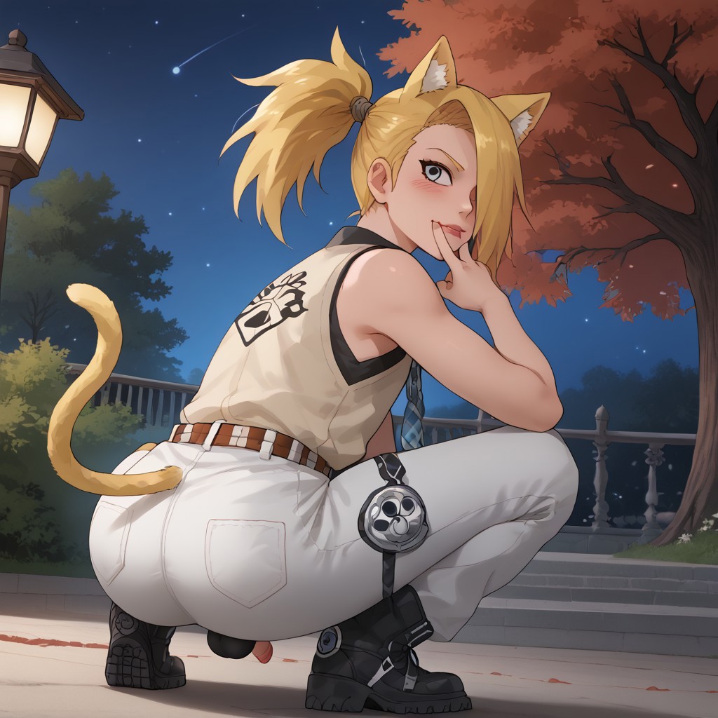 1boy ai_generated big_ass blonde_hair blue_eyes boots cat cat_ears cat_tail deidara femboy gesture goth hair_over_one_eye looking_at_viewer male_focus male_only naruto naruto_(series) naruto_shippuden night pants park sissy small_penis smile tongue_out trap yaoi