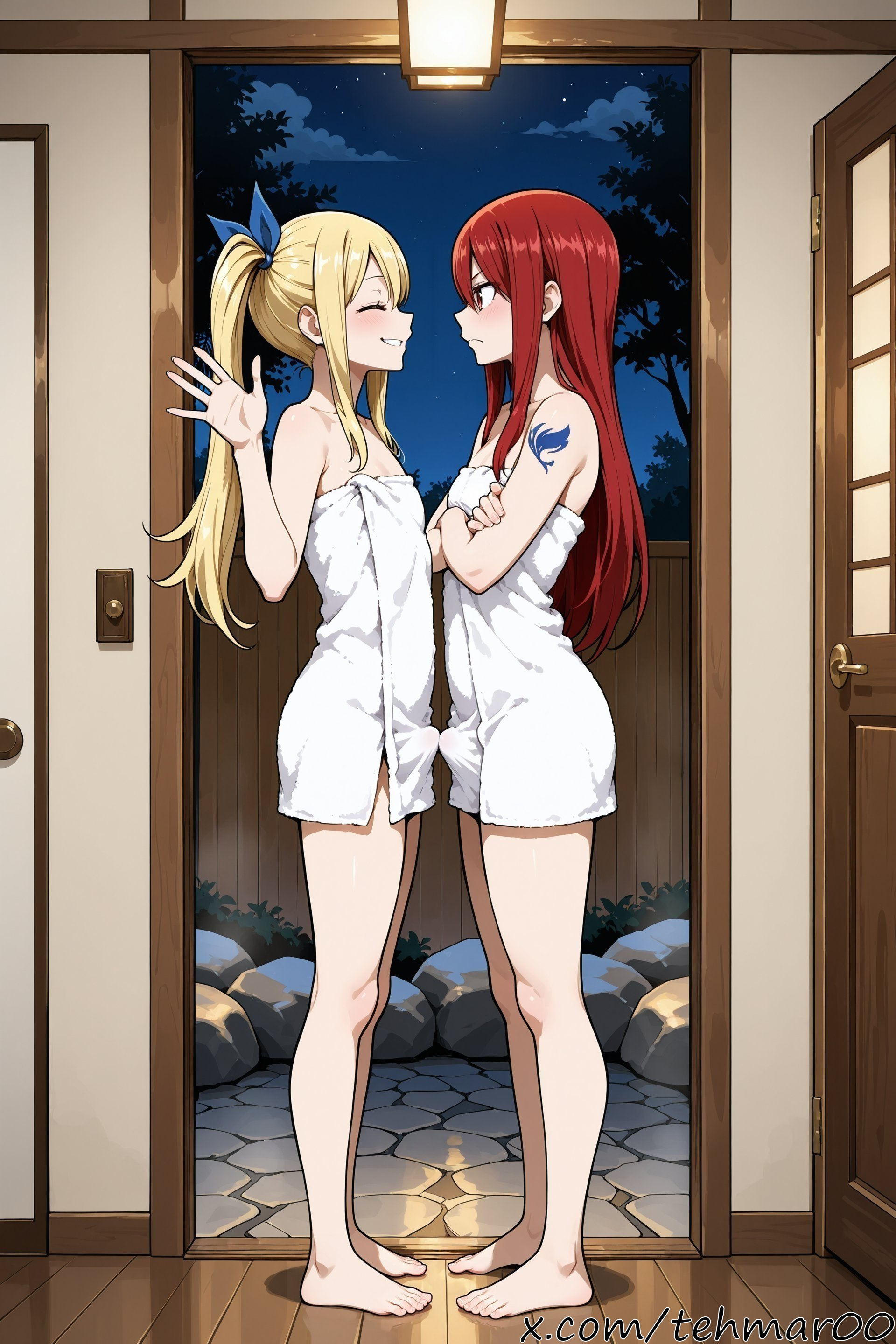ai generated, barefoot, blonde hair, blue ribbon, blush, bulge, closed eyes, closed mouth, crossed arms, erection, erection under clothes, erza scarlet, fairy tail, femboy, genderswap (ftm), hair ribbon, long hair, looking at another, lucy heartfilia, male, male erza, male lucy, male only, naked towel, night, night sky, penises touching, ponytail, profile, red eyes, red hair, ribbon, rule 63, sky, smile, standing, tagme, tattoo, tehmar, towel, trans woman, transfem, trap, waving