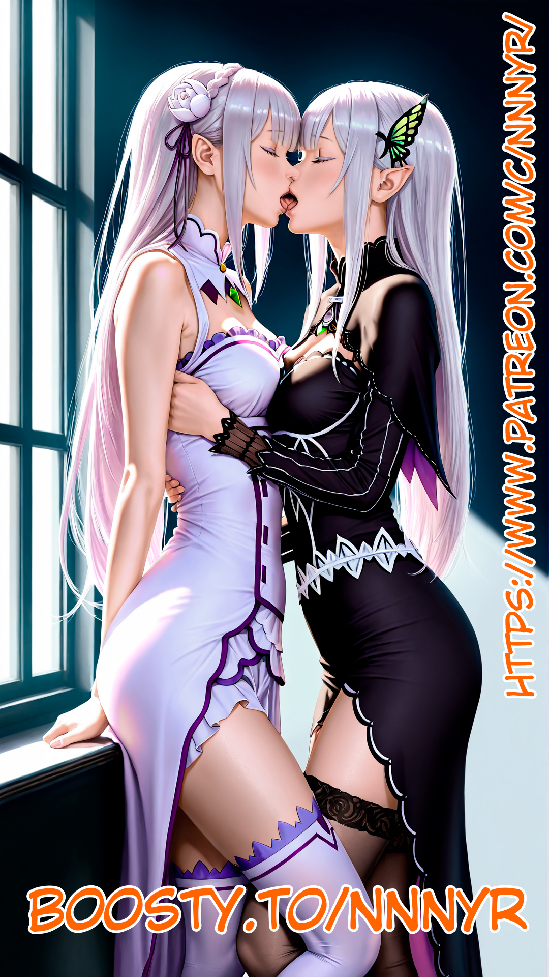 2girls, ai generated, breasts, closed eyes, dress, echidna (re:zero), elf ears, emilia (re:zero), female, french kiss, french kissing, lesbian kiss, nnnyr, re:zero kara hajimeru isekai seikatsu, small breasts, stable diffusion, standing, stockings, symmetrical docking, thighhighs, white hair, yuri