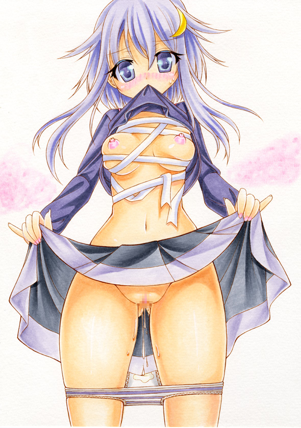 1girls big_breasts blue_eyes blue_hair blush breasts censored female flashing hair_ornament kantai_collection long_hair looking_at_viewer mizuki_chika mouth_hold navel nipples panties panty_pull purple_hair pussy_juice pussy_juice_drip shirt_lift simple_background skirt solo standing striped striped_panties underwear wet_panties yayoi_(kantai_collection)