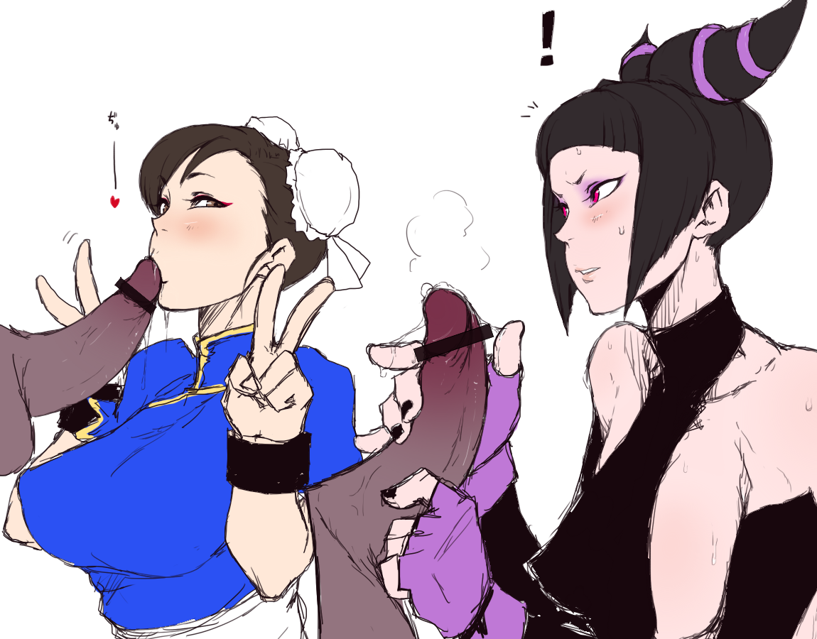 !, 2girls, black hair, black nails, blush, censored, chun-li, double bun, eyeshadow, fellatio, female, fingerless gloves, gloves, human, juri han, makeup, male, multiple females, multiple girls, nail polish, oral, penis, precum, red eyes, rough, straight, street fighter, sweat, v