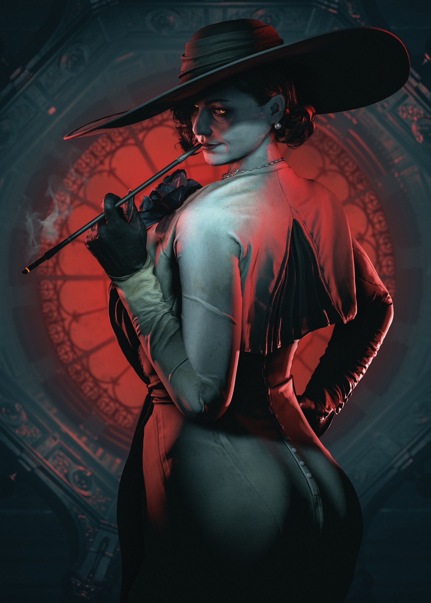 3d, alcina dimitrescu, ass, back view, big ass, big breasts, big butt, breasts, busty, curvy female, female, female only, game screenshot, hat, huge ass, mature female, mommy, resident evil, resident evil 8: village, thick ass, thick thighs, video game character, yellow eyes