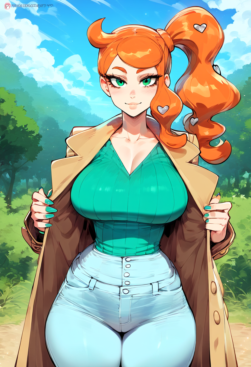 1girls ai_generated big_breasts blue_eyes blush clothed clothing color female female_focus female_only game_freak gym_leader hi_res large_breasts light-skinned_female light_skin long_hair looking_at_viewer nintendo orange_hair pokemon pokemon_ss pokemon_trainer solo solo_female sonia_(pokemon) tagme thick_thighs zawuardo