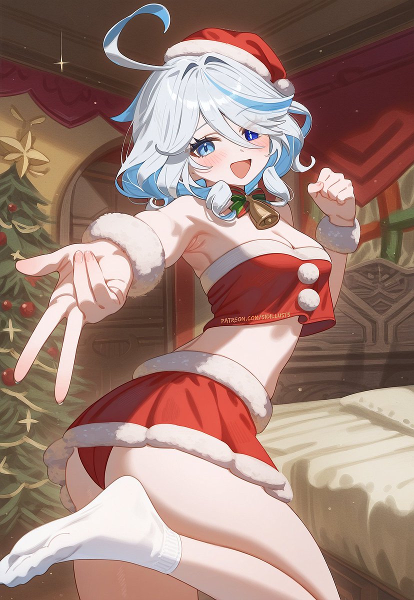 1girls ahoge big_ass blue_hair bob_cut furina_(genshin_impact) genshin_impact huge_thighs santa_costume santa_hat smile thighs white_hair