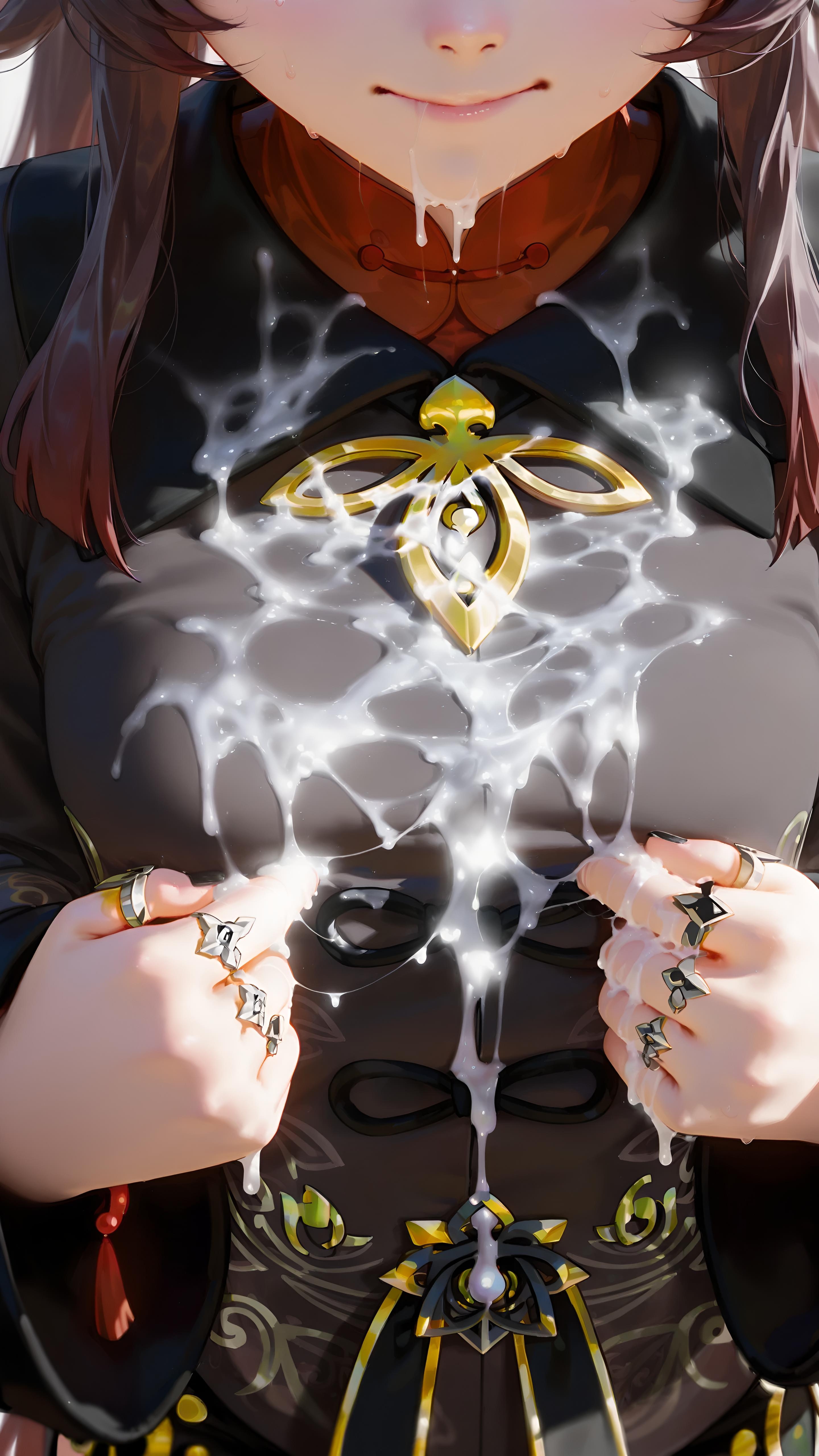 1girls, after oral, ai generated, breasts, close-up, closed mouth, cum, cum on body, cum on breasts, cum on clothes, cute, excessive cum, female, genshin impact, head out of frame, hu tao (genshin impact), nervous, oral, petite, pov, skinny, slim, teenager