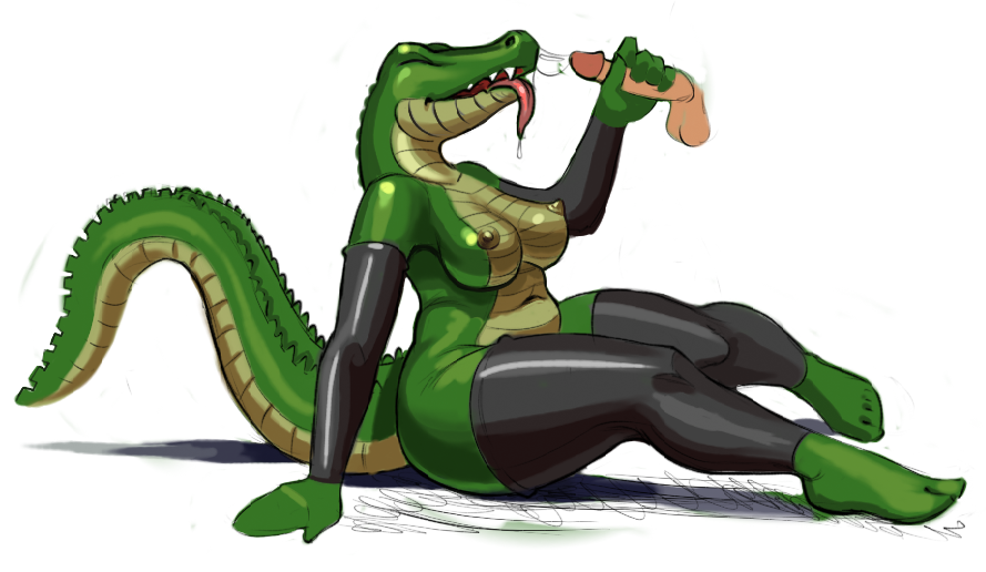 alligator anthro balls breasts chubby closed_eyes crocodile cum cum_in_mouth cum_inside disembodied_penis drooling elbow_gloves female gloves humanoid_penis legwear male open_mouth oral penis plain_background reptile rubber saliva scalie sitting siyah stockings thick_thighs tongue tongue_out voluptuous white_background wide_hips