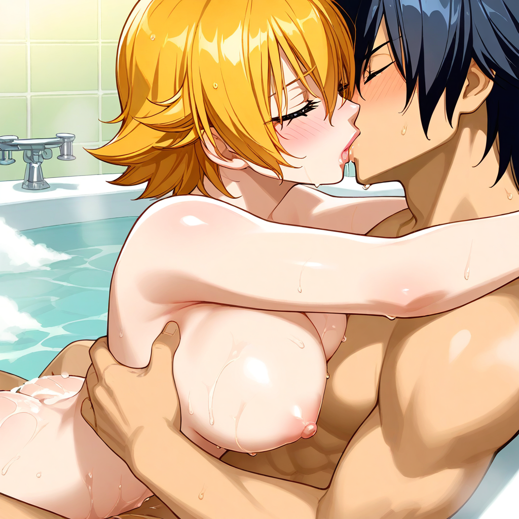 ai_generated bathing fairy_tail gray_fullbuster igawa_sakura kissing sexy_body taimanin_(series)