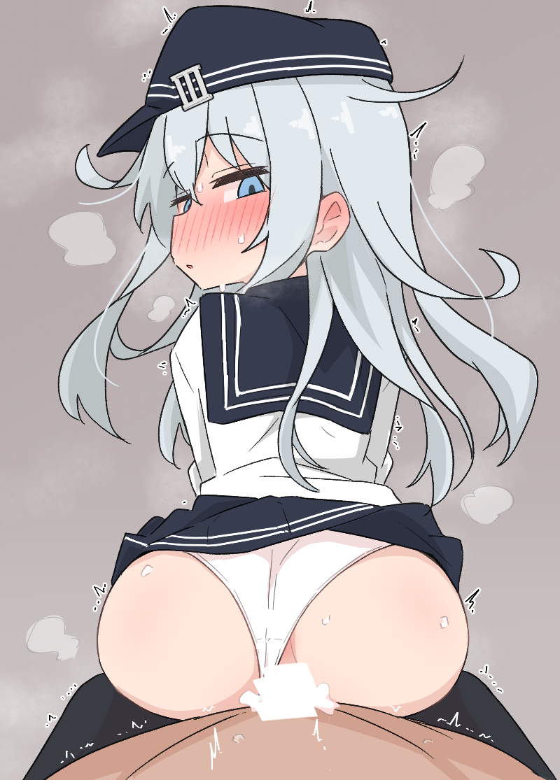 1boy ame_(amechan17391739) ass blue_eyes clothed_sex clothing_aside female grey_background hat hibiki_(kancolle) kantai_collection long_hair panties panties_aside pleated_skirt pov reverse_cowgirl_position school_uniform serafuku sex simple_background skirt steam steaming_body straddling straight underwear upskirt white_hair white_panties