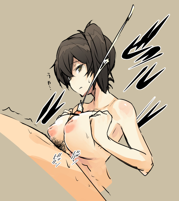 1boy admiral_(kantai_collection) breasts brown_background brown_hair censored cum ejaculation female iwasaki_takashi kaga_(kantai_collection) kantai_collection large_breasts nude paizuri short_hair side_ponytail solo_focus