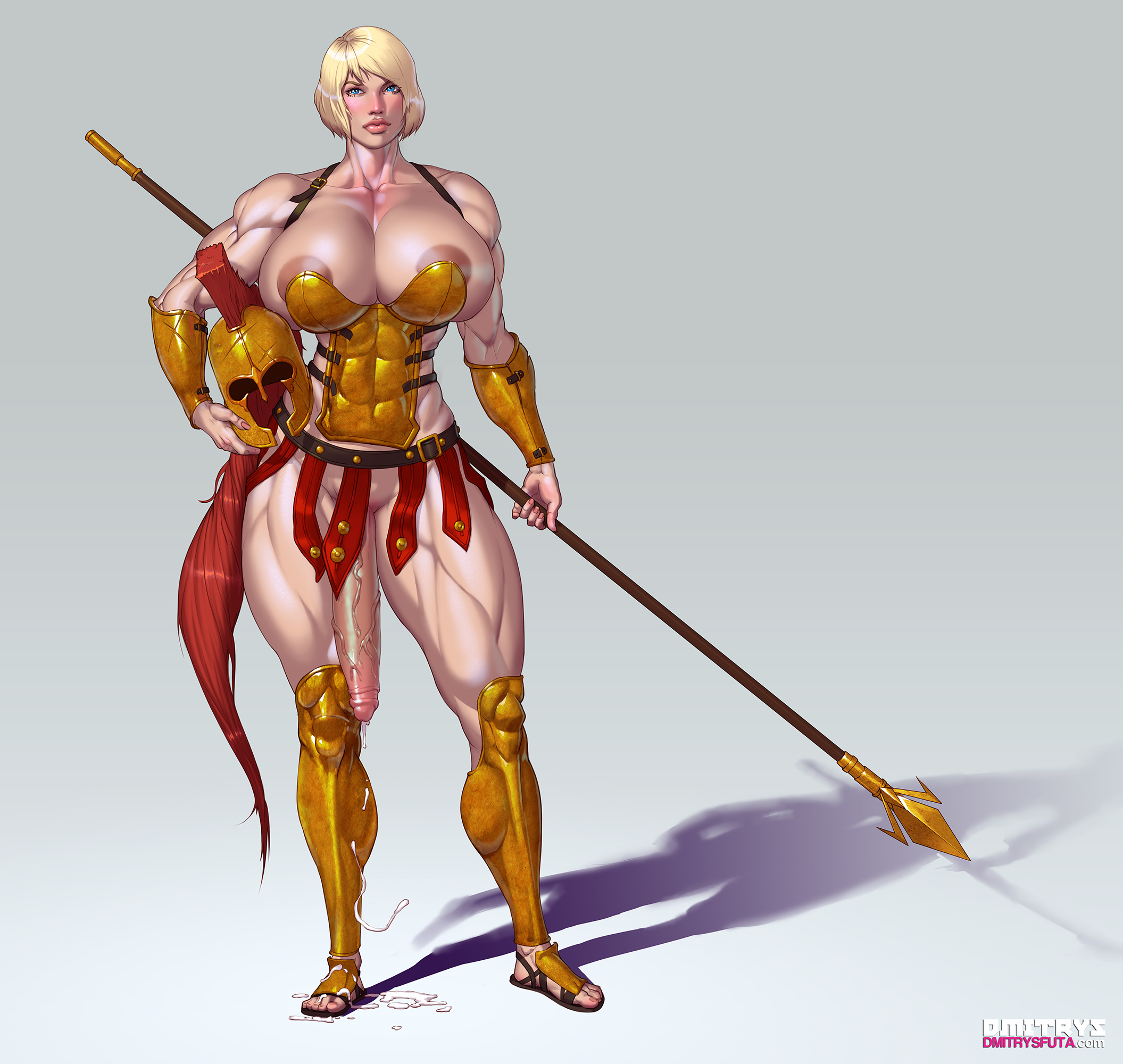 1futa, abs, areola slip, areolae, armor, ass, blonde hair, blue eyes, bottomless skirt, breasts, cleavage, cum, cum drip, cum trail, cumdrip, cumshot, curvy, dmitrys, erection, erection under clothes, erection under skirt, excessive precum, futa only, futanari, greaves, hair, half-erect, hands-free, headgear, helmet, huge ass, huge breasts, hyper, hyper penis, intersex, large areolae, looking at viewer, muscles, muscular, muscular futa, nipple slip, no panties, original character, pale skin, penis, penis out, penis under clothes, penis under skirt, perky breasts, platinum blonde hair, sandals, short hair, sideboob, skirt, skirt lift, solo, solo futa, spartan, spear, thick lips, thick thighs, thighs, uncensored, unconvincing armor, veins, veiny penis, weapon