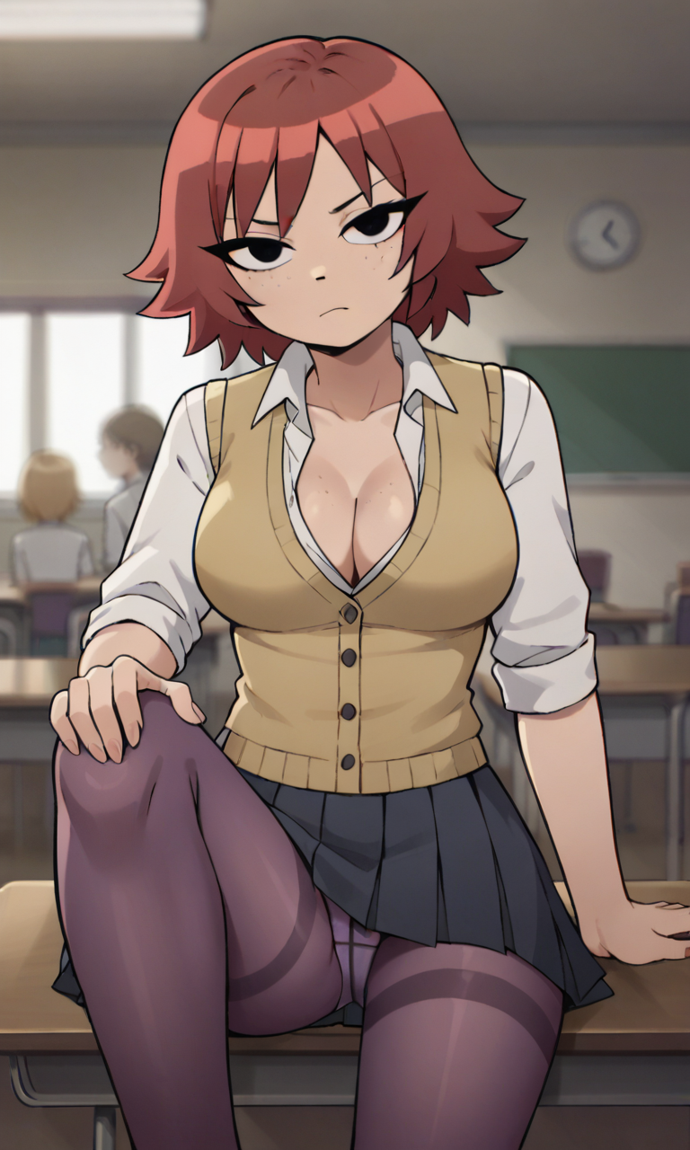 ai_generated ass bigmic145 black_eyes breasts bully cleavage female female_only freckles freckles_on_face gyaru kim_pine medium_breasts netflix panties pantyhose pantyshot red_hair school_uniform schoolgirl scott_pilgrim scott_pilgrim_takes_off solo solo_female