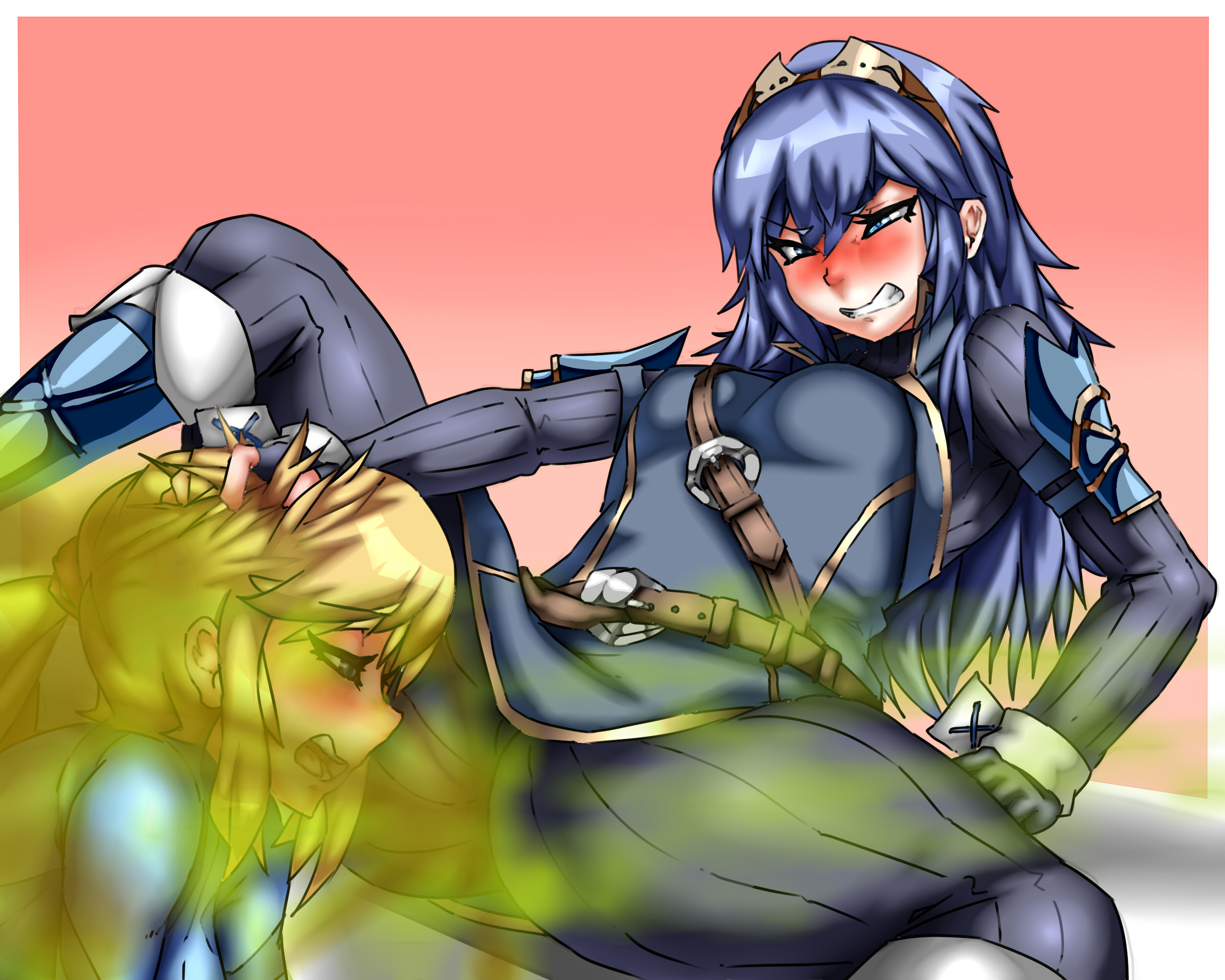 2girls, blonde hair, blue eyes, blue hair, blush, clenched teeth, fart, fart cloud, fart fetish, farting, farting in face, female, fire emblem, fire emblem awakening, hand on head, lazei, legs apart, lucina (fire emblem), metroid, nintendo, open mouth, ponytail, samus aran, yuri, zero suit samus