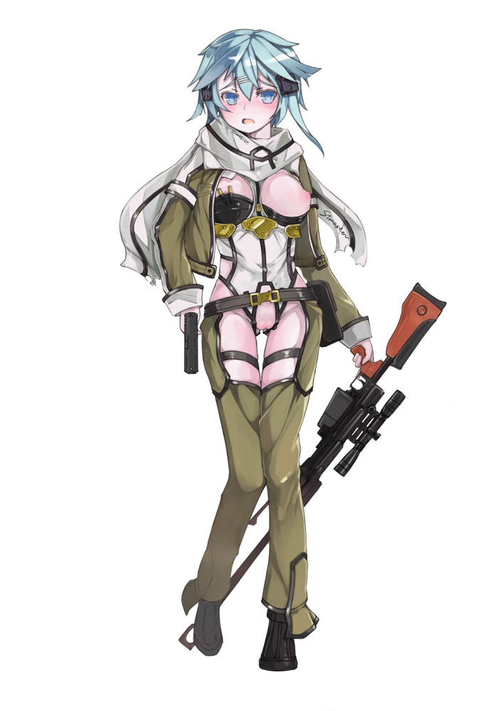 anti-materiel_rifle aqua_eyes aqua_hair areolae asada_shino blue_eyes blue_hair blush boots breasts female gun gun_gale_online hair_ornament hairclip handgun medium_breasts nipple_slip nipples pgm_ultima_ratio_hecate_ii pistol pussy rifle scarf short_hair sinon sniper_rifle solo stmaster sword_art_online sword_art_online:_phantom_bullet weapon