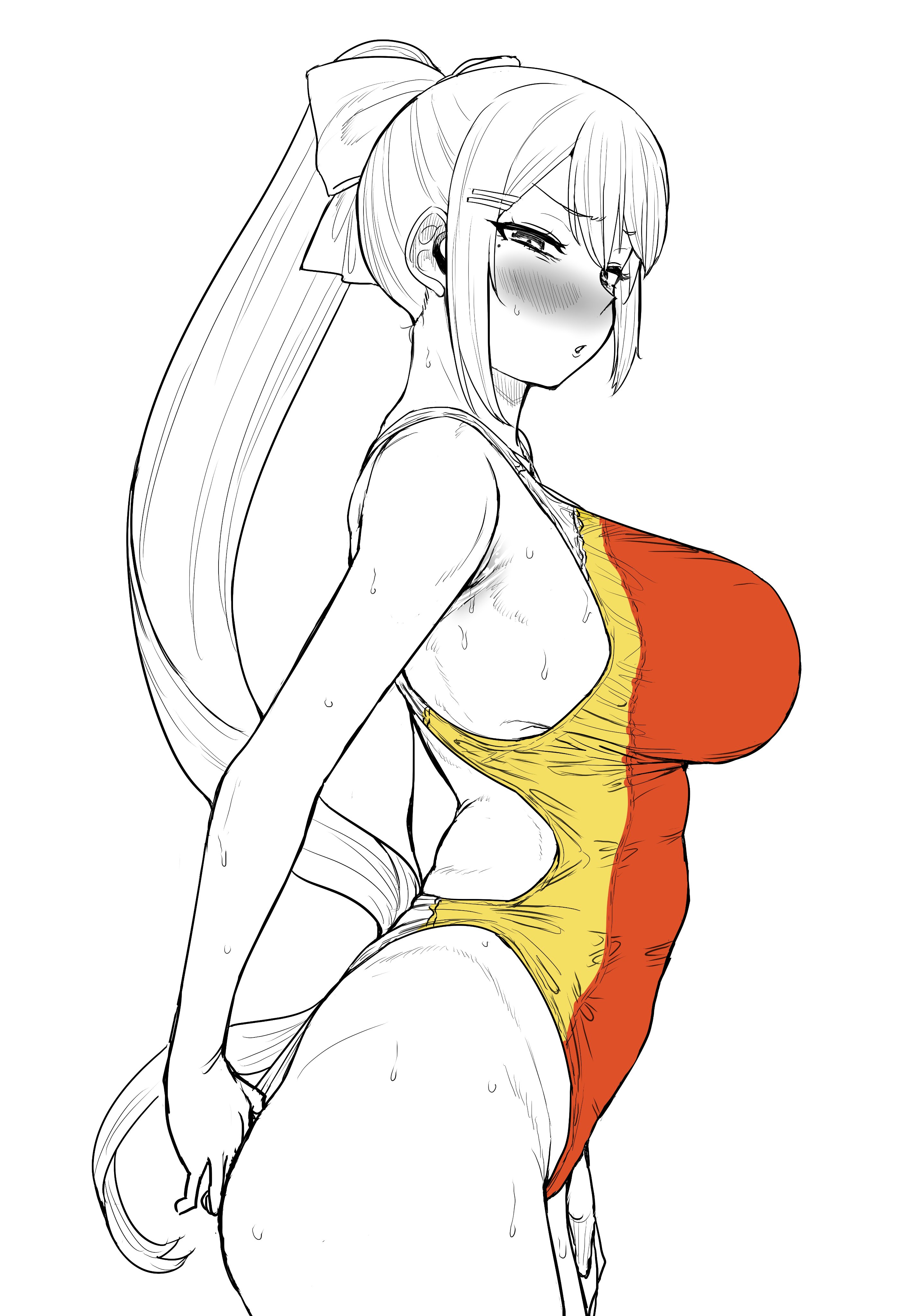 1girls, alternate breast size, asian, asian female, big breasts, blush, breasts, competition swimsuit, female, greyscale, higuchi kaede, kaiman garupan, large breasts, nijisanji, one-piece swimsuit, orange one-piece swimsuit, pov, sweat, swimsuit, thighhighs, tomboy, virtual youtuber
