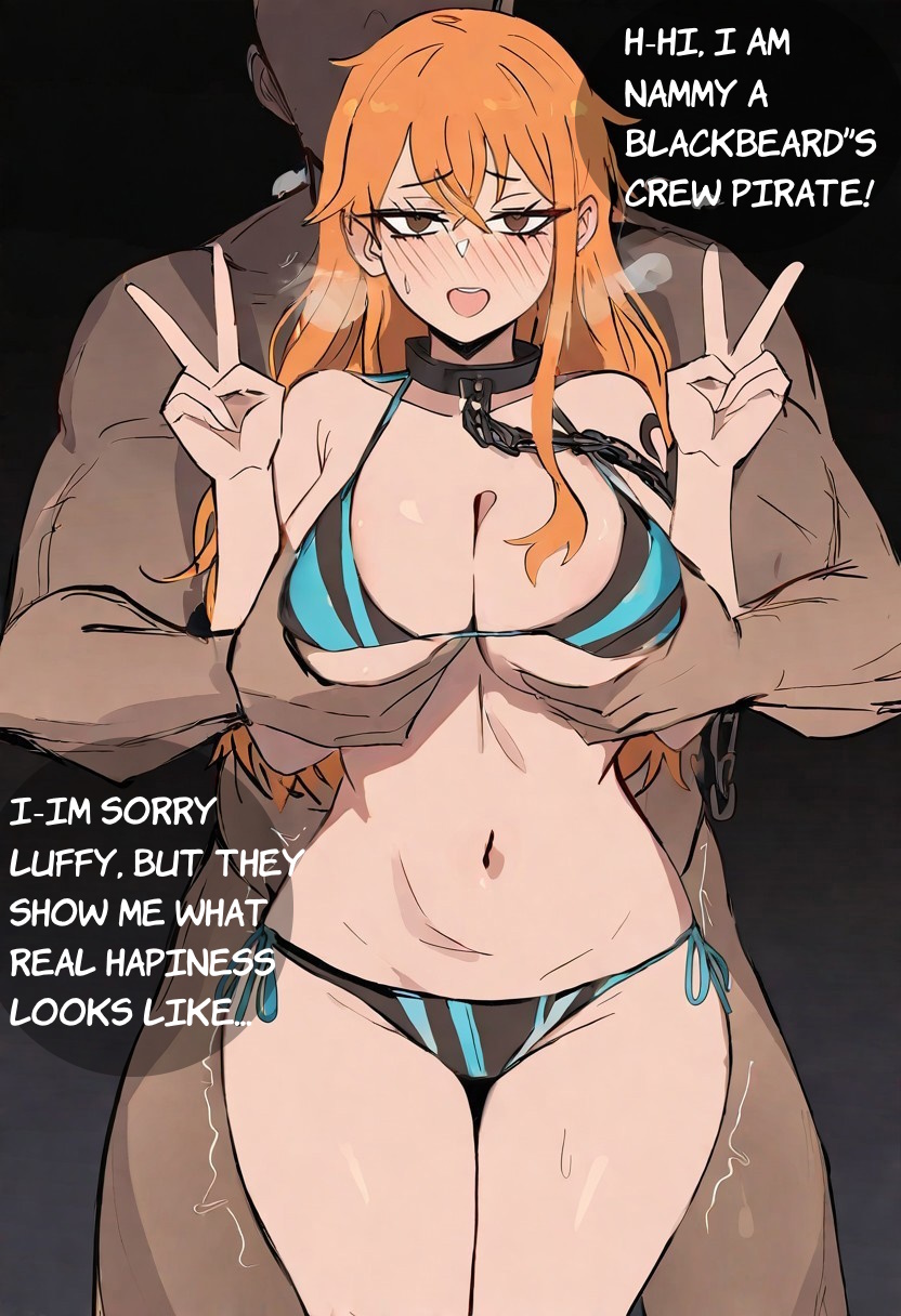 1boy 1girls ai_generated bare_arms bare_breasts bare_legs bare_shoulders bare_thighs big_breasts bikini bikini_bottom bikini_top blush color english_text female grabbing_breasts hand_on_breast hi_res large_breasts light-skinned_female light_skin long_hair male male/female nami nami_(one_piece) netorare ntr one_piece open_mouth orange_eyes orange_hair santaclausai shounen_jump slave slave_collar slavegirl tagme text text_bubble thick_thighs tongue