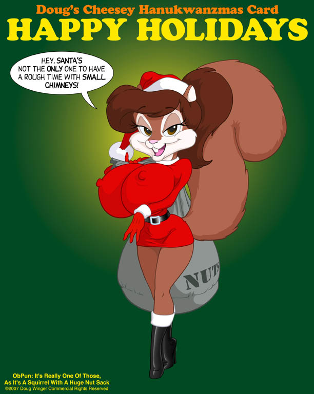 2007 anthro belt big_breasts boots breasts brown_body brown_eyes brown_hair buckteeth christmas christmas_clothing christmas_headwear clothing copyright_symbol costume doug_winger female footwear gloves hair handwear hat headgear headwear holidays innuendo mammal nipple_outline ponytail rodent sack santa's_sack santa_boots santa_costume santa_hat sciurid shoes solo speech_bubble squirrel_tail symbol tail teeth text tree_squirrel