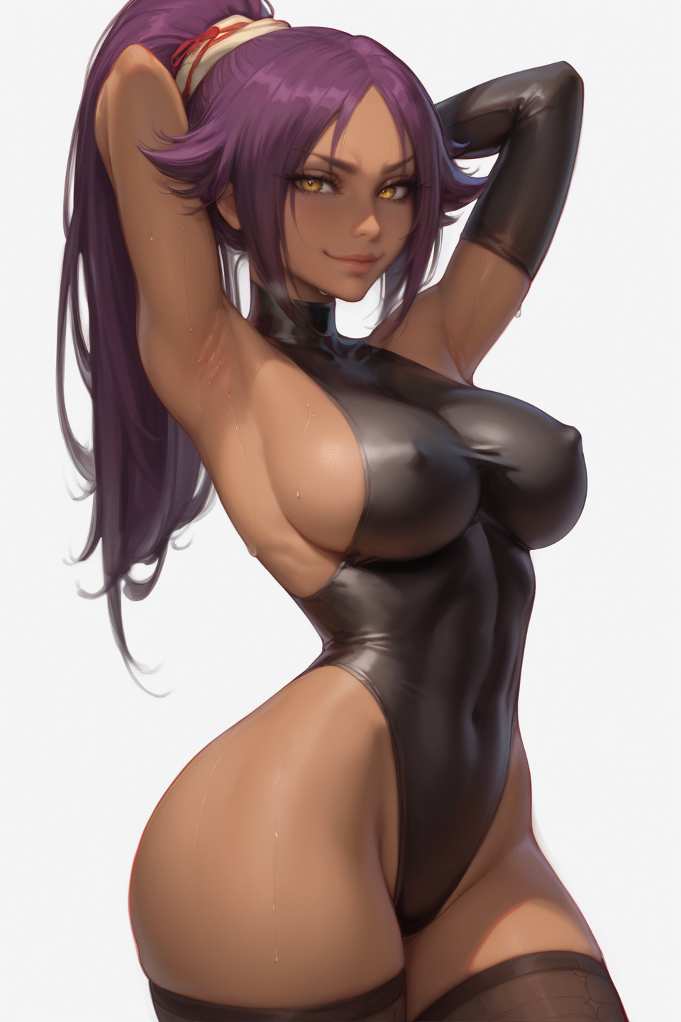 1girls acw ai_generated armpits bleach dark_skin erect_nipples_under_clothes female female_only large_breasts leotard long_hair ponytail purple_hair shihouin_yoruichi sideboob solo sweat thighhighs yellow_eyes